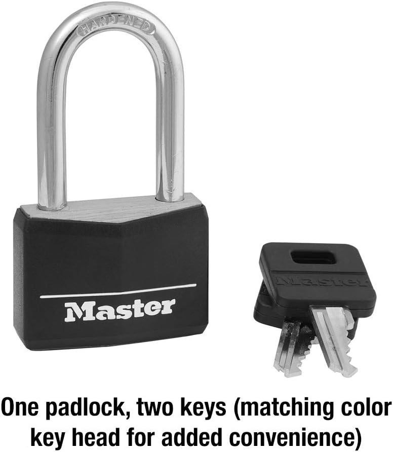 Black Covered Aluminum Lock with Key, Long Shackle Outdoor Padlock for Gym Lockers, Gates, Fences, Toolboxes - Master Lock 141DLF - WildKart