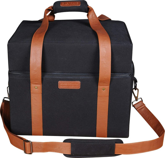 Black Everdure CUBE Portable Charcoal Grill Bag with Leather Straps, Multiple Compartments, Easy Travel for Camping, Tailgating - 16.3"L x 13.9"W x 13.7”H