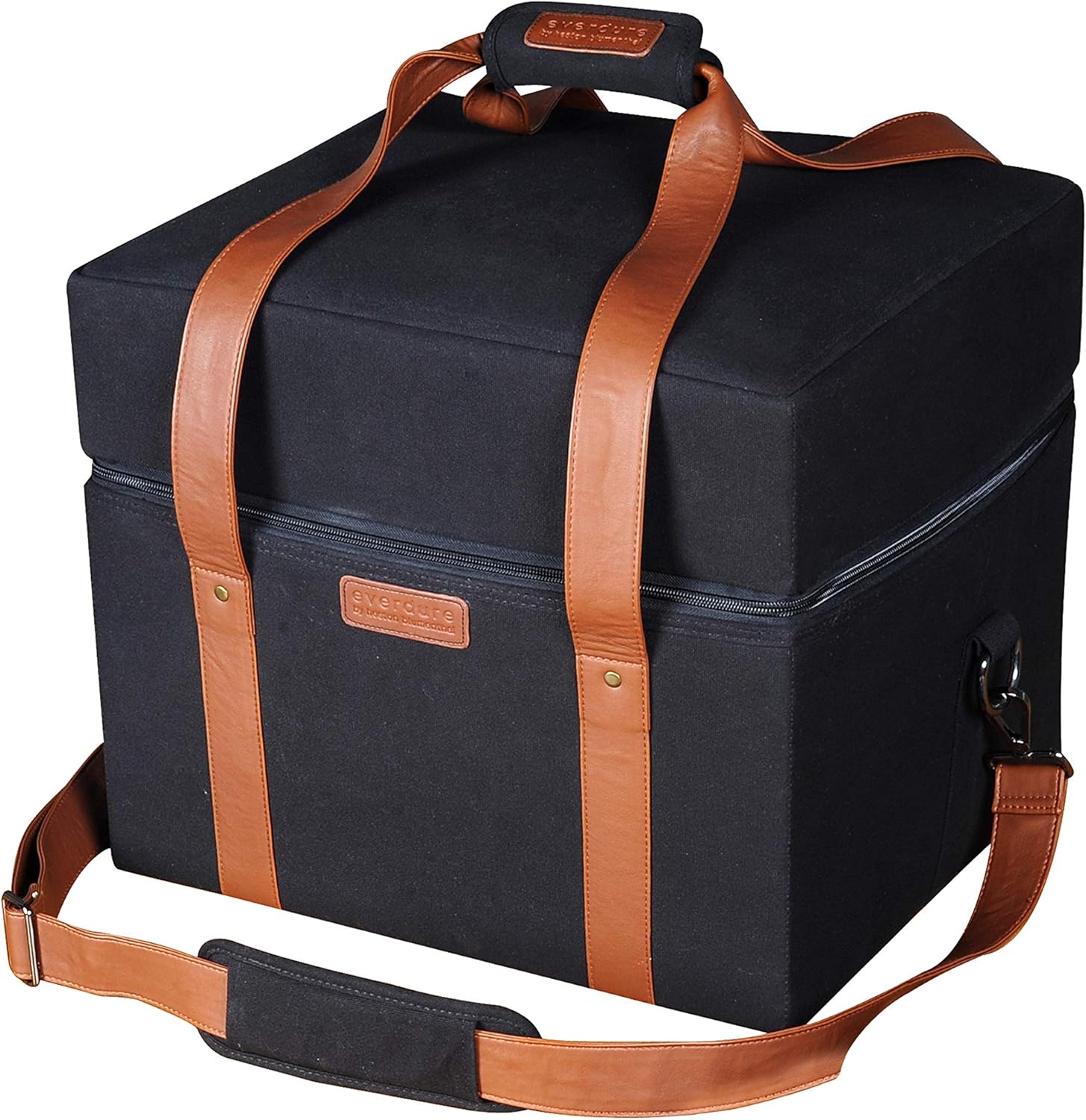 Black Everdure CUBE Portable Charcoal Grill Bag with Leather Straps, Multiple Compartments, Easy Travel for Camping, Tailgating - 16.3"L x 13.9"W x 13.7”H