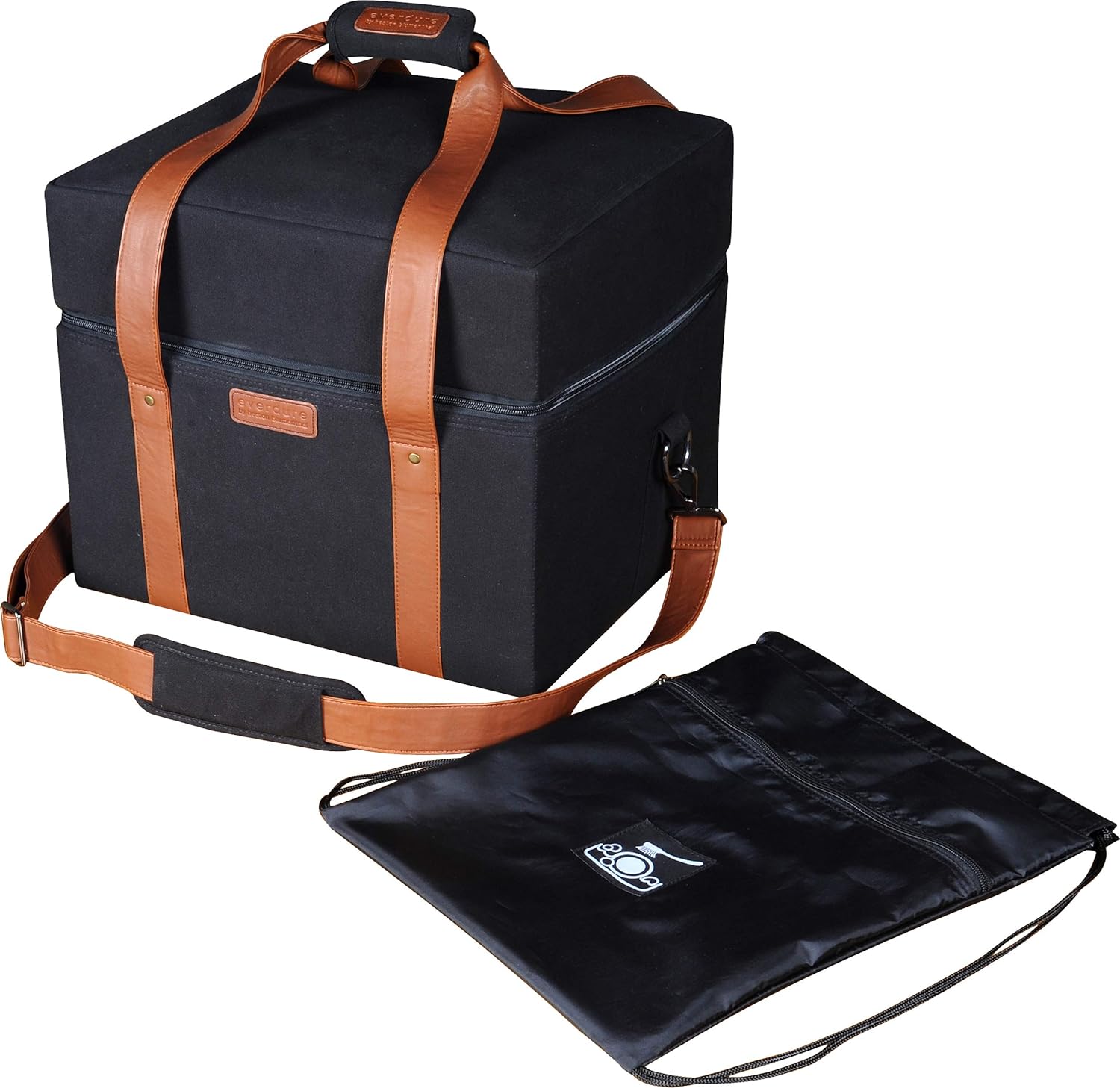 Black Everdure CUBE Portable Charcoal Grill Bag with Leather Straps, Multiple Compartments, Easy Travel for Camping, Tailgating - 16.3"L x 13.9"W x 13.7”H