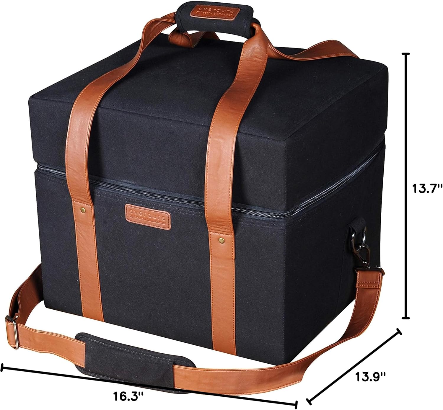 Black Everdure CUBE Portable Charcoal Grill Bag with Leather Straps, Multiple Compartments, Easy Travel for Camping, Tailgating - 16.3"L x 13.9"W x 13.7”H