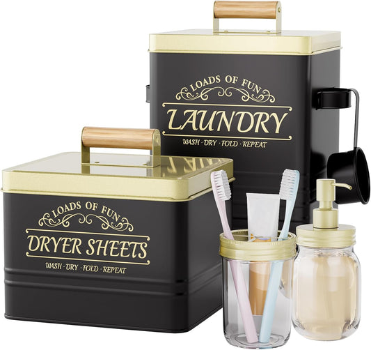 Black Farmhouse Laundry Room Organization Set: Metal Laundry Pods Container, Dryer Sheet Holder, Glass Soap Dispenser, Toothbrush Holder, Powder Container with Scoop