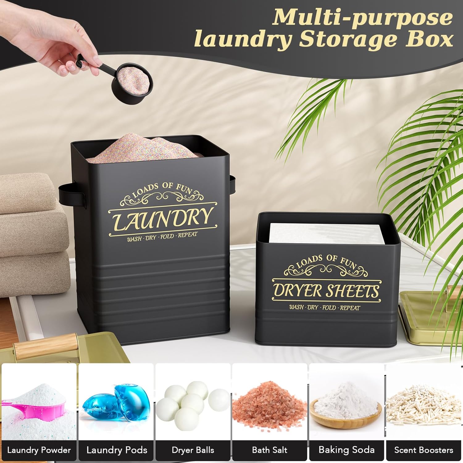 Black Farmhouse Laundry Room Organization Set: Metal Laundry Pods Container, Dryer Sheet Holder, Glass Soap Dispenser, Toothbrush Holder, Powder Container with Scoop