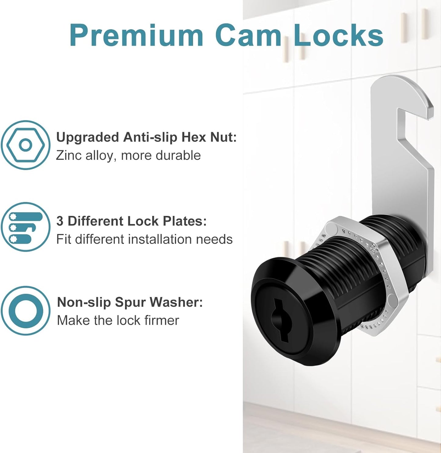 Black Finish 3/4'' Cylinder Cam Locks Keyed Alike Set for Cabinets, Drawers, RV Storage - 2 Pack