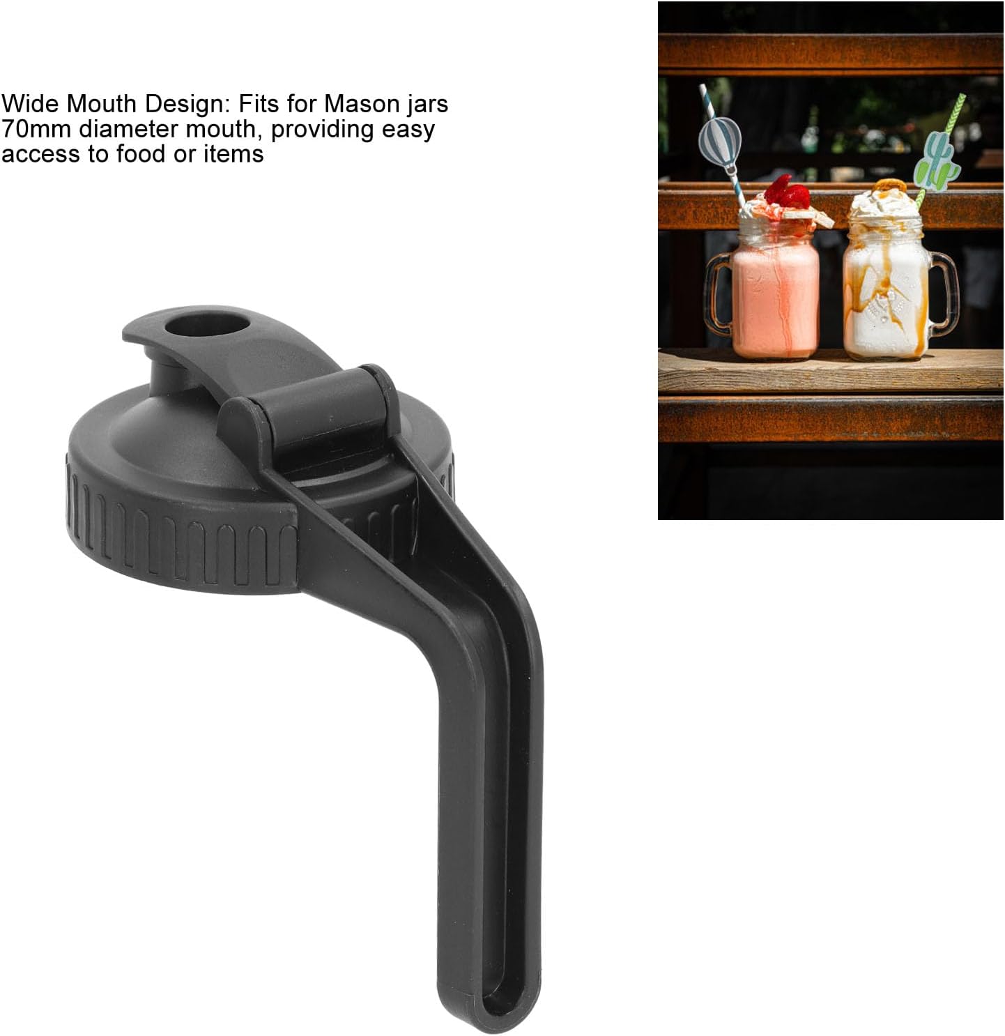 Black Flip Cap Lid with Handle for Mason Jars - Vitdipy Pour Spout Lid, 70mm Wide Mouth Plastic Sealing Lid