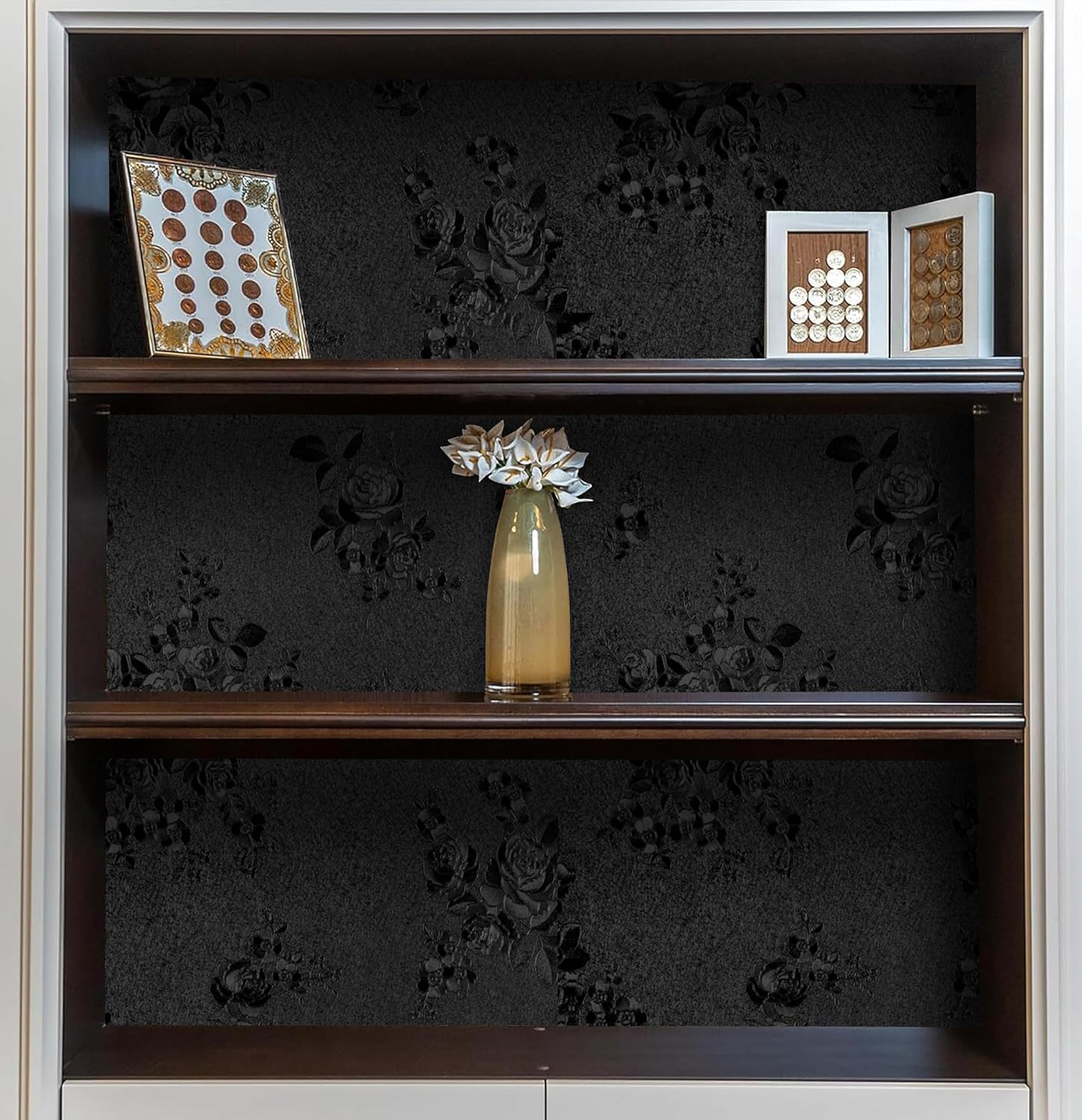 Black Floral Embossed Peel and Stick Wallpaper - Removable 17.7"x196.8" Self Adhesive Contact Paper for Countertops and Cabinets