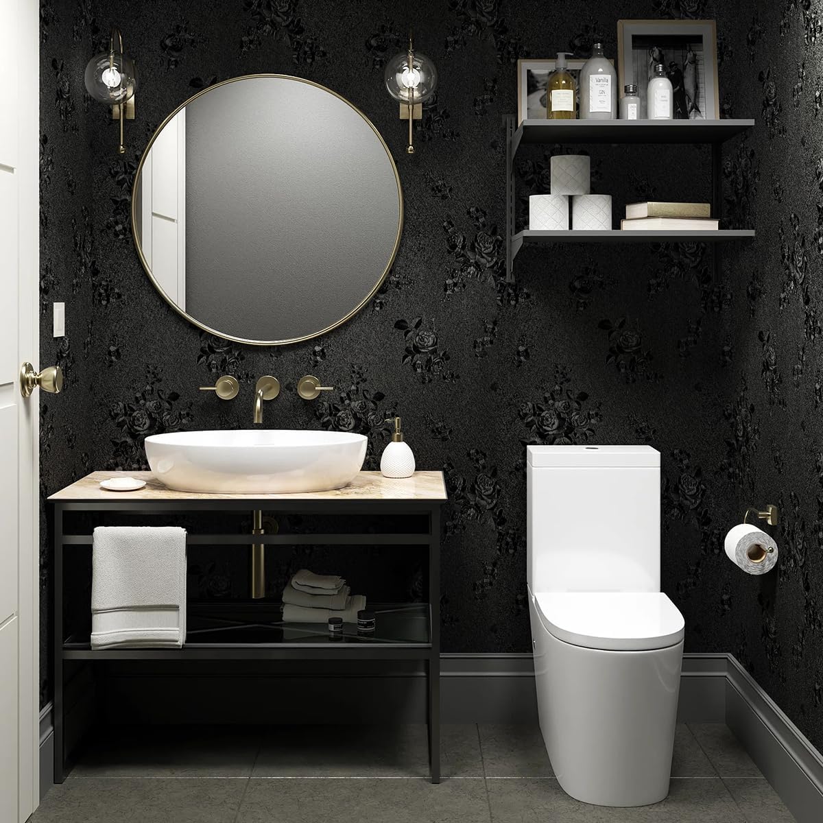 Black Floral Embossed Peel and Stick Wallpaper - Removable 17.7"x196.8" Self Adhesive Contact Paper for Countertops and Cabinets