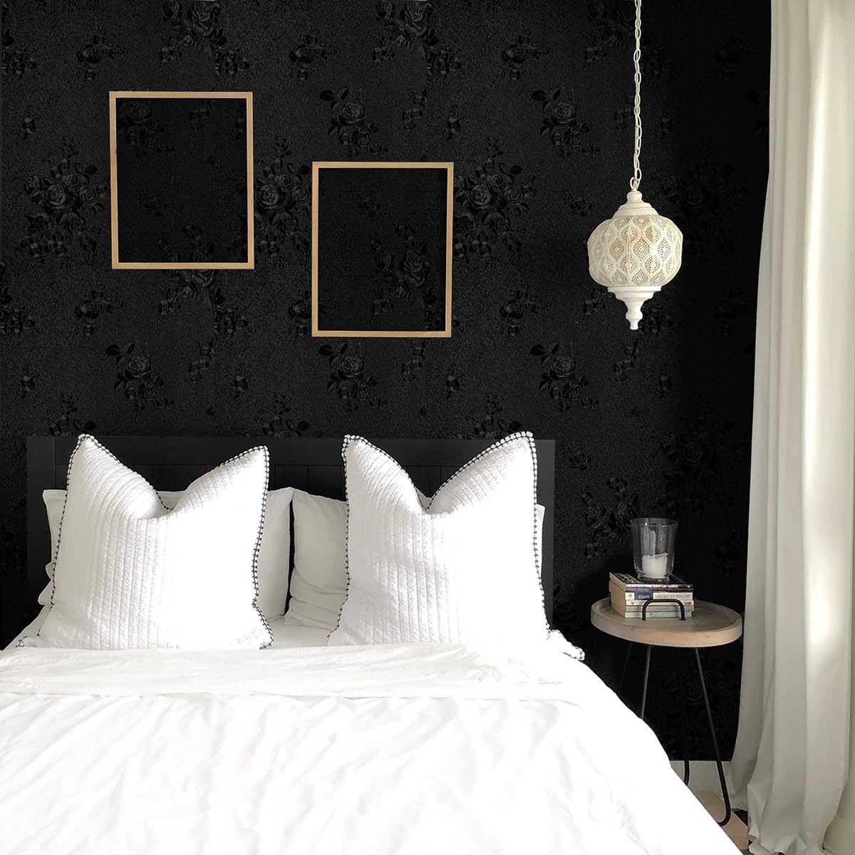 Black Floral Embossed Peel and Stick Wallpaper - Removable 17.7"x196.8" Self Adhesive Contact Paper for Countertops and Cabinets