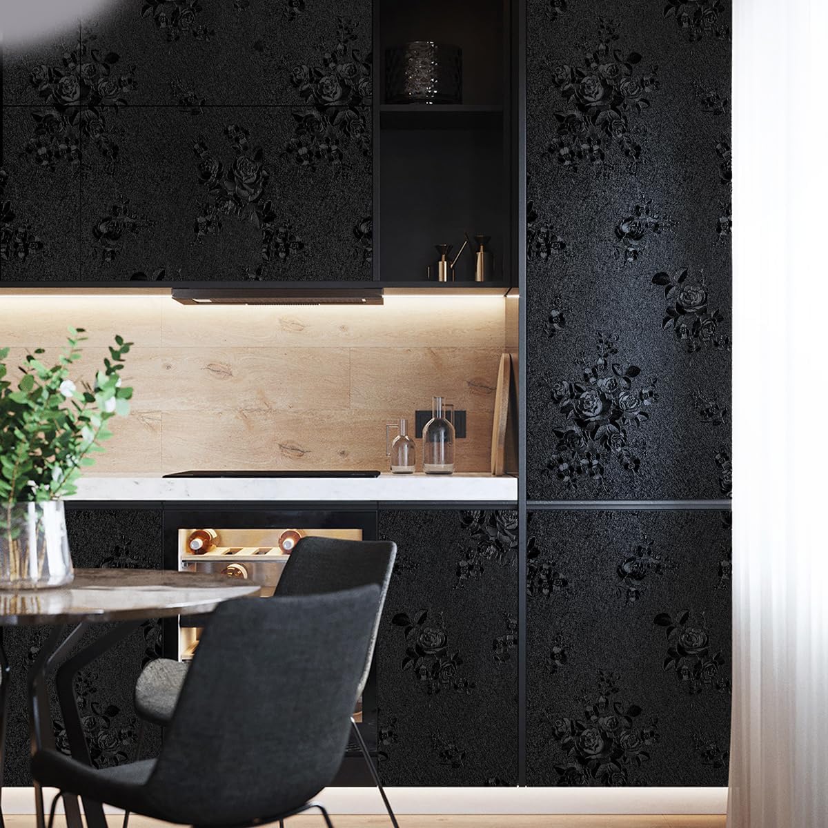 Black Floral Embossed Peel and Stick Wallpaper - Removable 17.7"x196.8" Self Adhesive Contact Paper for Countertops and Cabinets