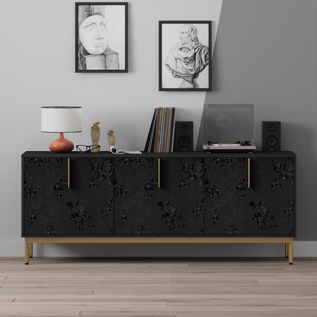 Black Floral Embossed Peel and Stick Wallpaper - Removable 17.7"x196.8" Self Adhesive Contact Paper for Countertops and Cabinets