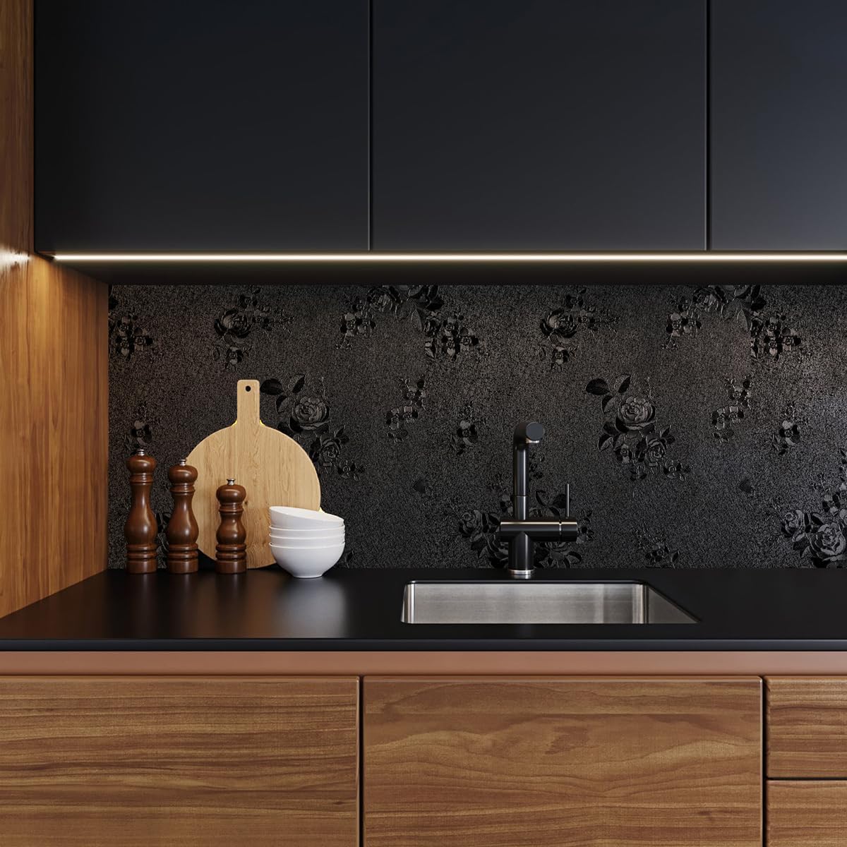 Black Floral Embossed Peel and Stick Wallpaper - Removable 17.7"x196.8" Self Adhesive Contact Paper for Countertops and Cabinets