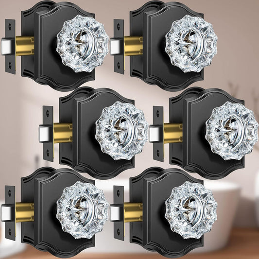Black Glass Door Knobs with Lock, 6 Pack Crystal Knobs for Privacy in Bedroom and Bathroom