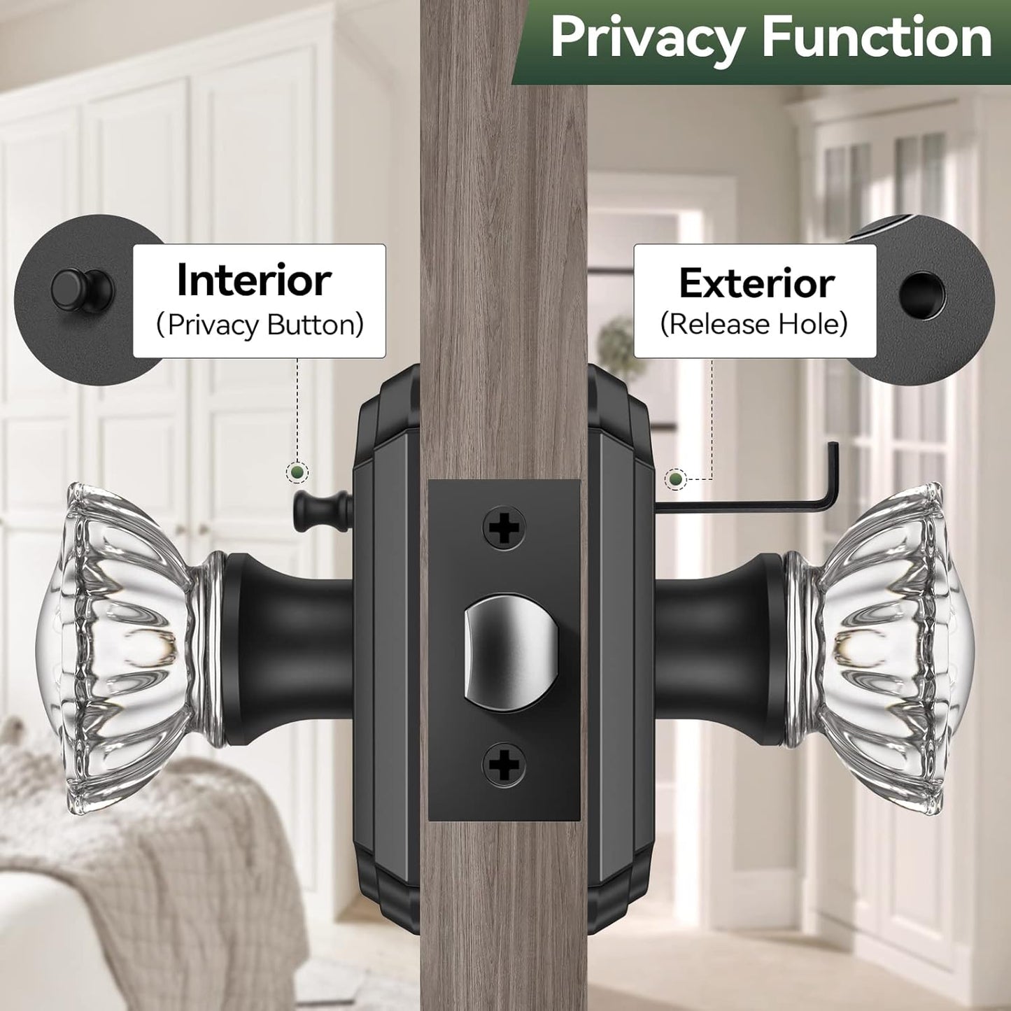 Black Glass Door Knobs with Lock, 6 Pack Crystal Knobs for Privacy in Bedroom and Bathroom