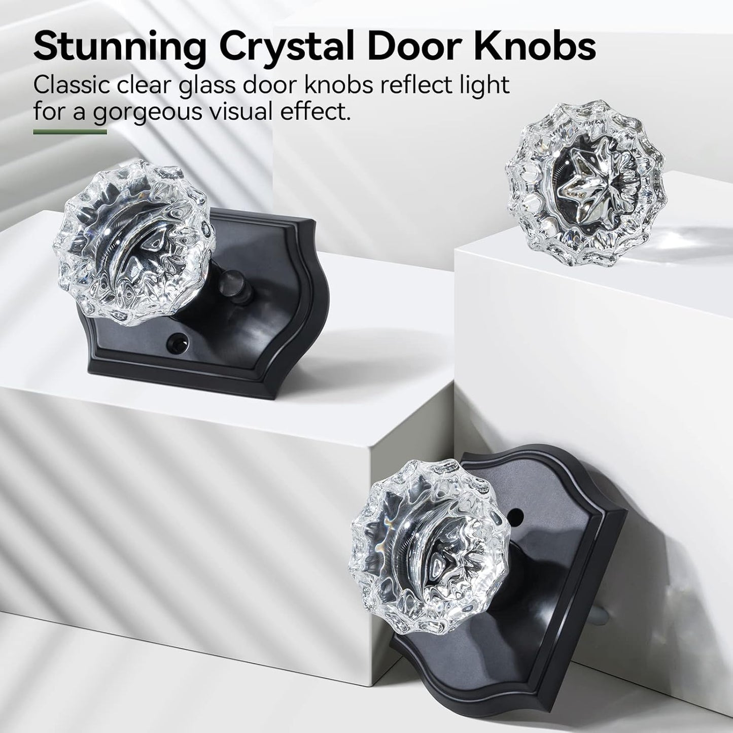 Black Glass Door Knobs with Lock, 6 Pack Crystal Knobs for Privacy in Bedroom and Bathroom