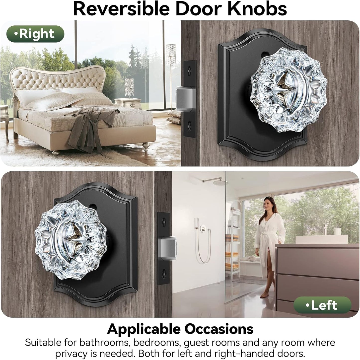 Black Glass Door Knobs with Lock, 6 Pack Crystal Knobs for Privacy in Bedroom and Bathroom