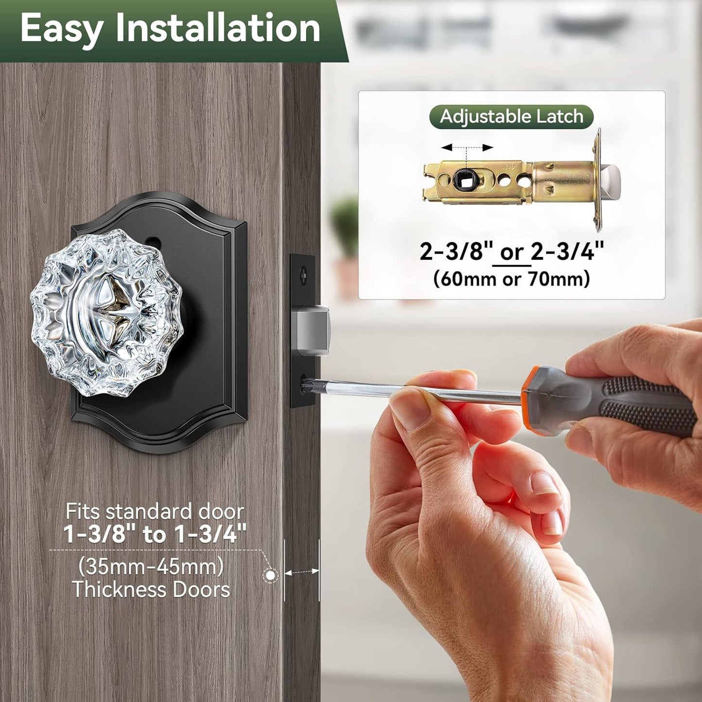 Black Glass Door Knobs with Lock, 6 Pack Crystal Knobs for Privacy in Bedroom and Bathroom