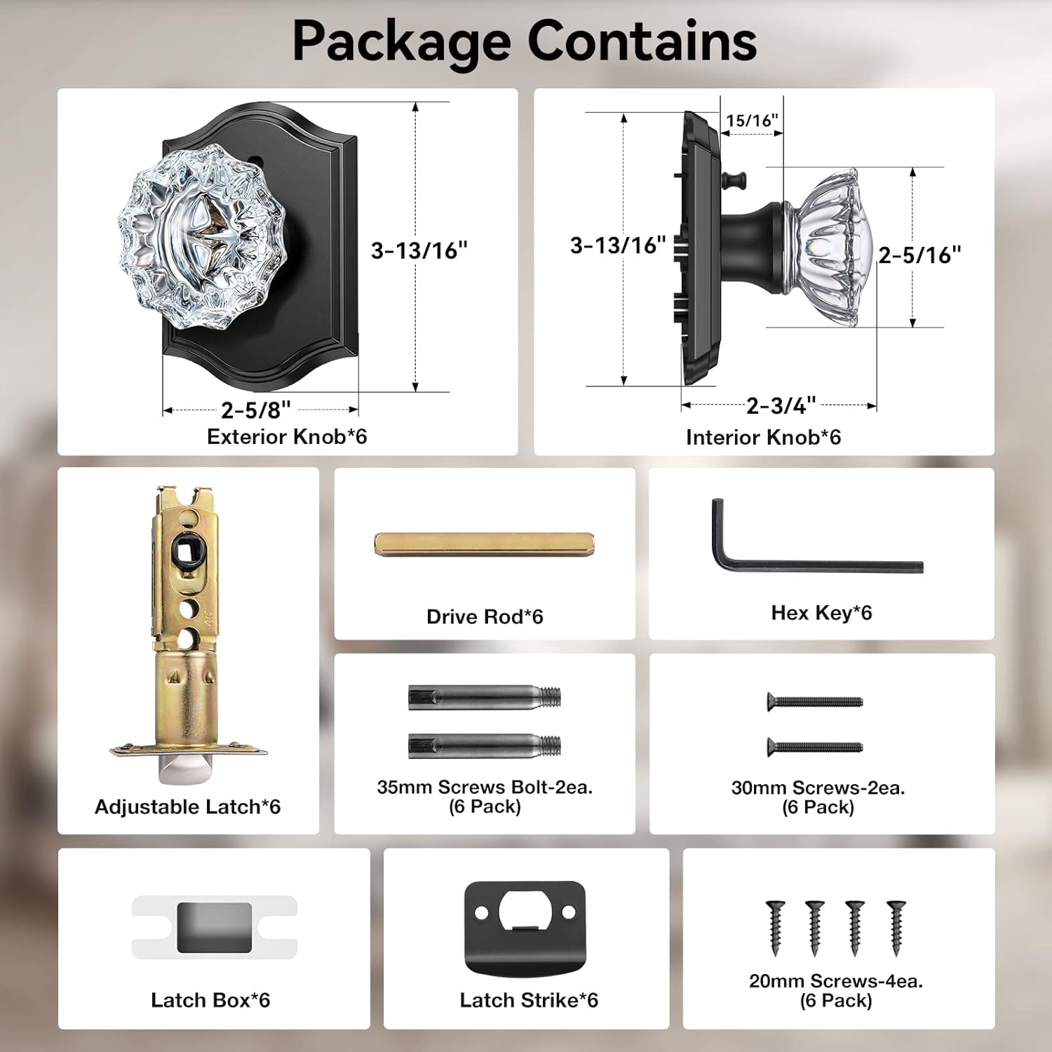 Black Glass Door Knobs with Lock, 6 Pack Crystal Knobs for Privacy in Bedroom and Bathroom