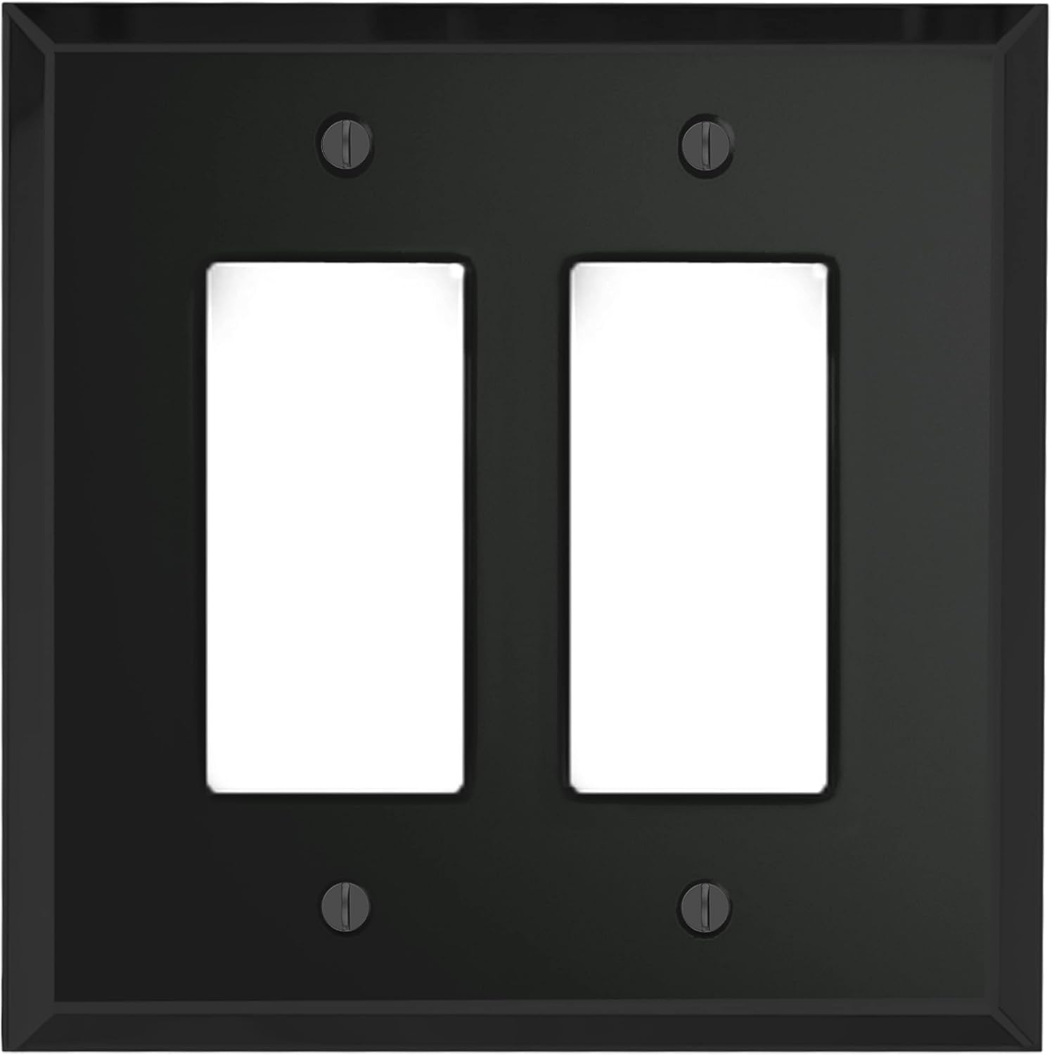 Black Glass Mirror Double Outlet Cover Plate with 2 GFI Rocker Switches - 5.25" x 5.25" - Professional Quality Glass Mirror Wall Plate Covers for All Configurations
