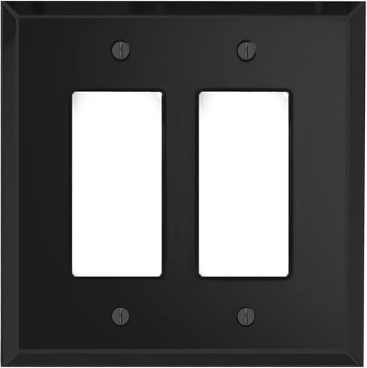 Black Glass Mirror Double Outlet Cover Plate with 2 GFI Rocker Switches - 5.25" x 5.25" - Professional Quality Glass Mirror Wall Plate Covers for All Configurations