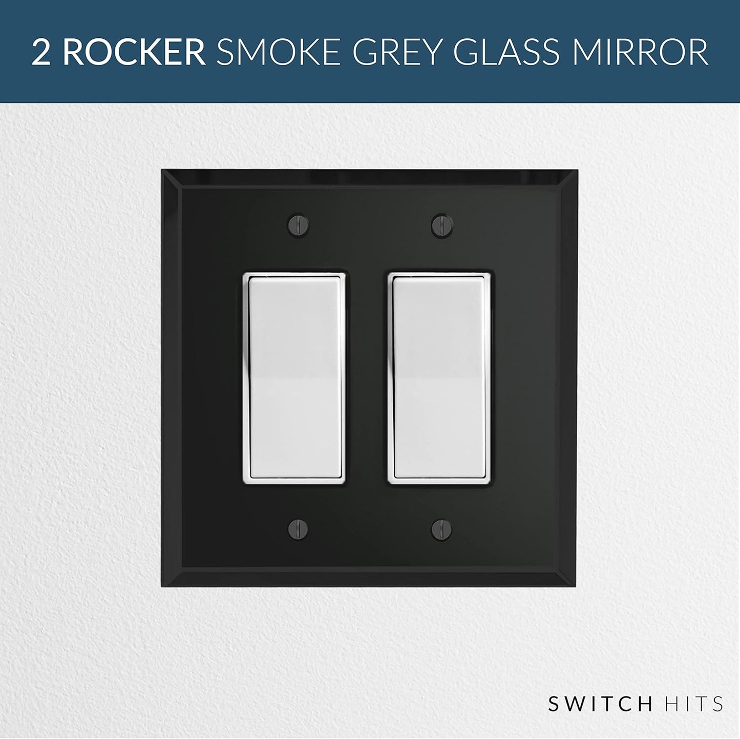 Black Glass Mirror Double Outlet Cover Plate with 2 GFI Rocker Switches - 5.25" x 5.25" - Professional Quality Glass Mirror Wall Plate Covers for All Configurations