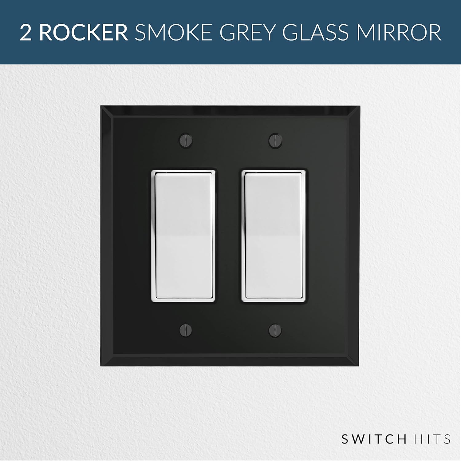 Black Glass Mirror Double Outlet Cover Plate with 2 GFI Rocker Switches - 5.25" x 5.25" - Professional Quality Glass Mirror Wall Plate Covers for All Configurations