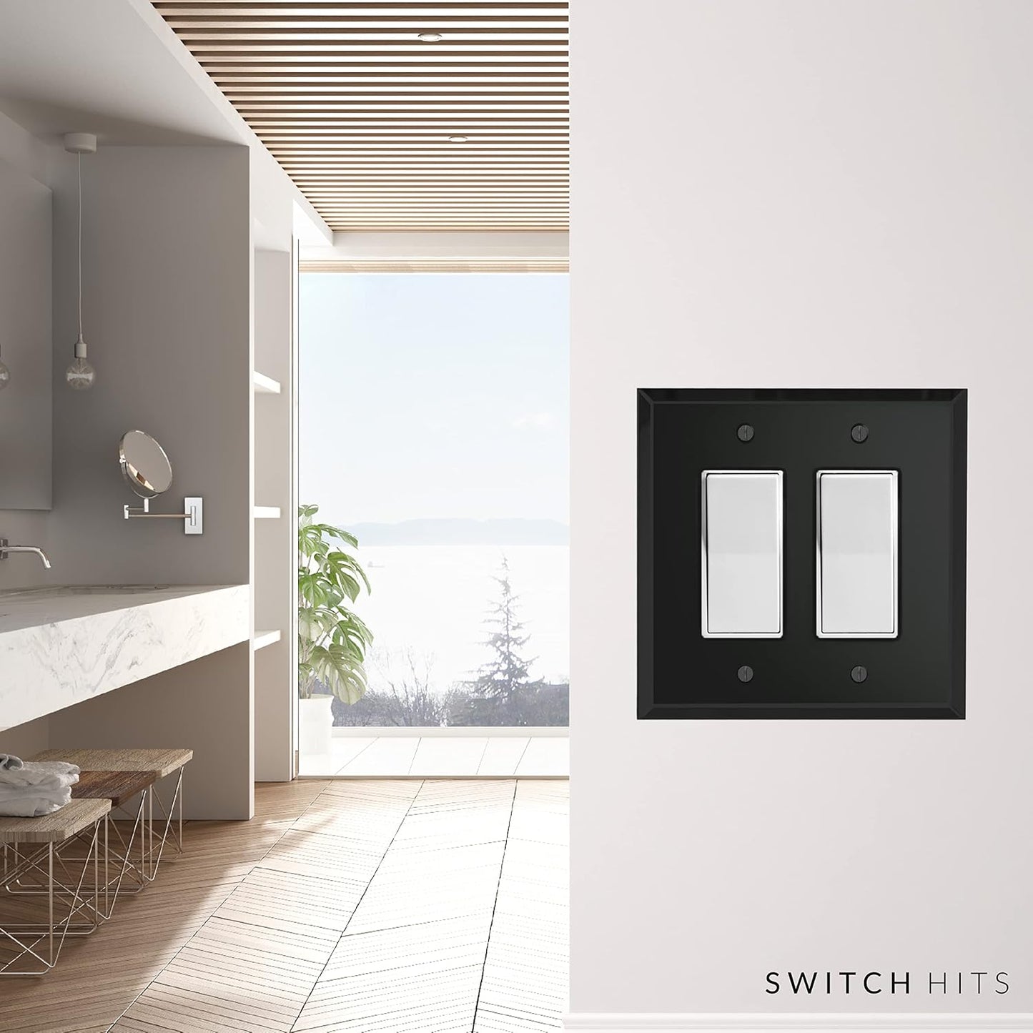 Black Glass Mirror Double Outlet Cover Plate with 2 GFI Rocker Switches - 5.25" x 5.25" - Professional Quality Glass Mirror Wall Plate Covers for All Configurations