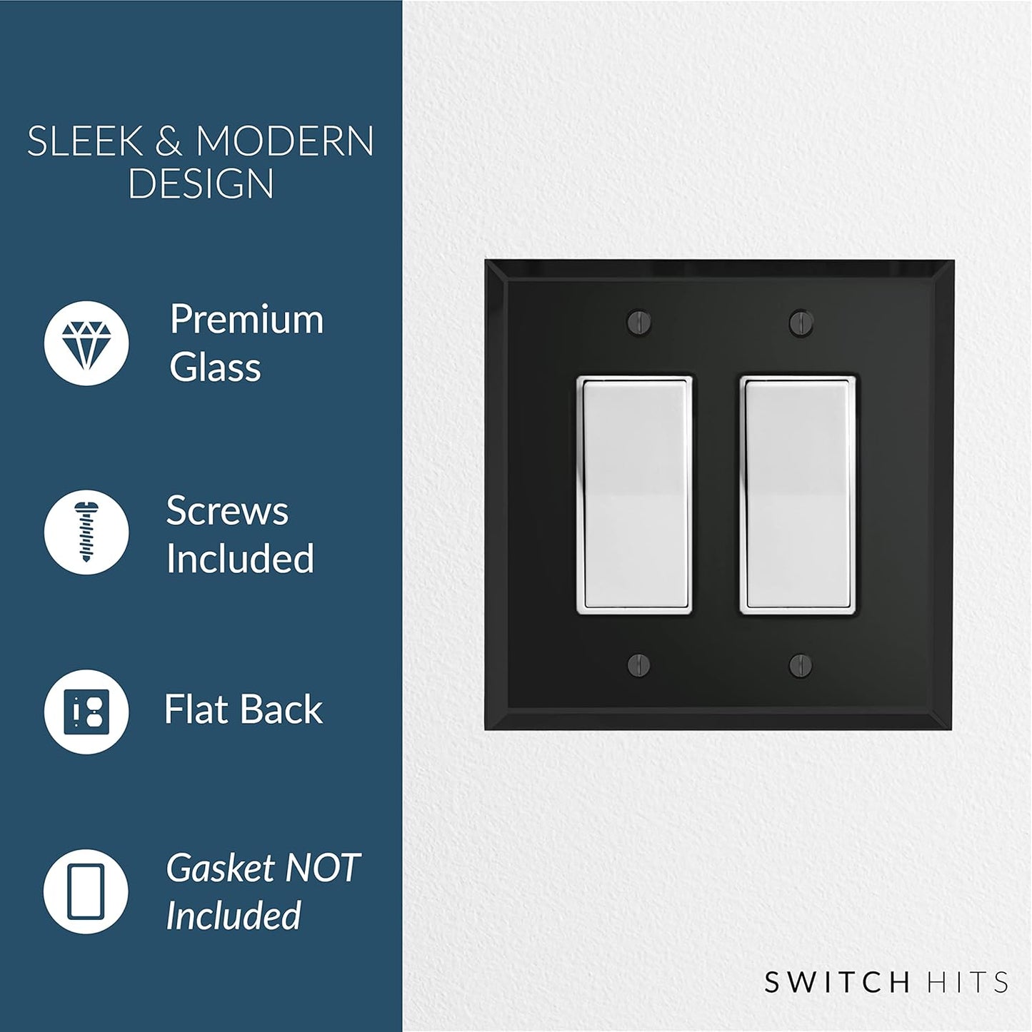 Black Glass Mirror Double Outlet Cover Plate with 2 GFI Rocker Switches - 5.25" x 5.25" - Professional Quality Glass Mirror Wall Plate Covers for All Configurations