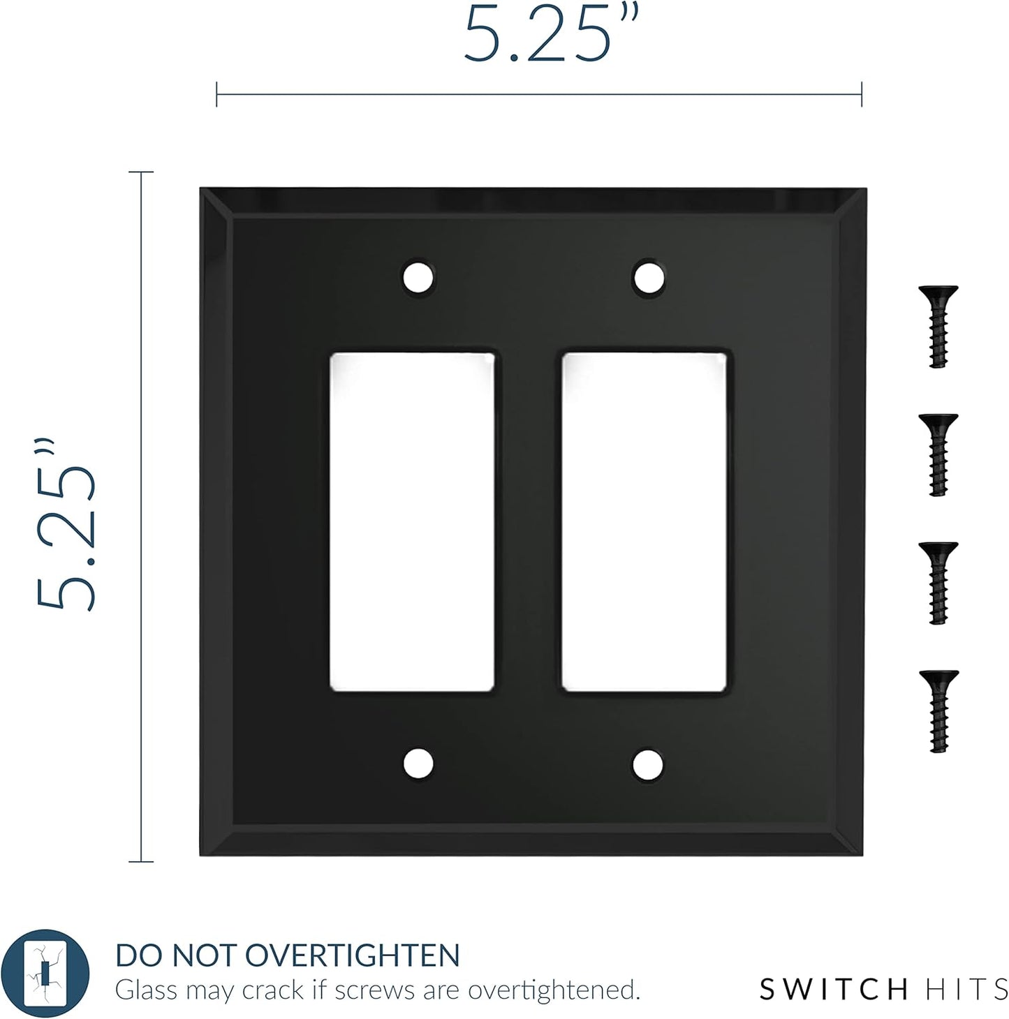 Black Glass Mirror Double Outlet Cover Plate with 2 GFI Rocker Switches - 5.25" x 5.25" - Professional Quality Glass Mirror Wall Plate Covers for All Configurations
