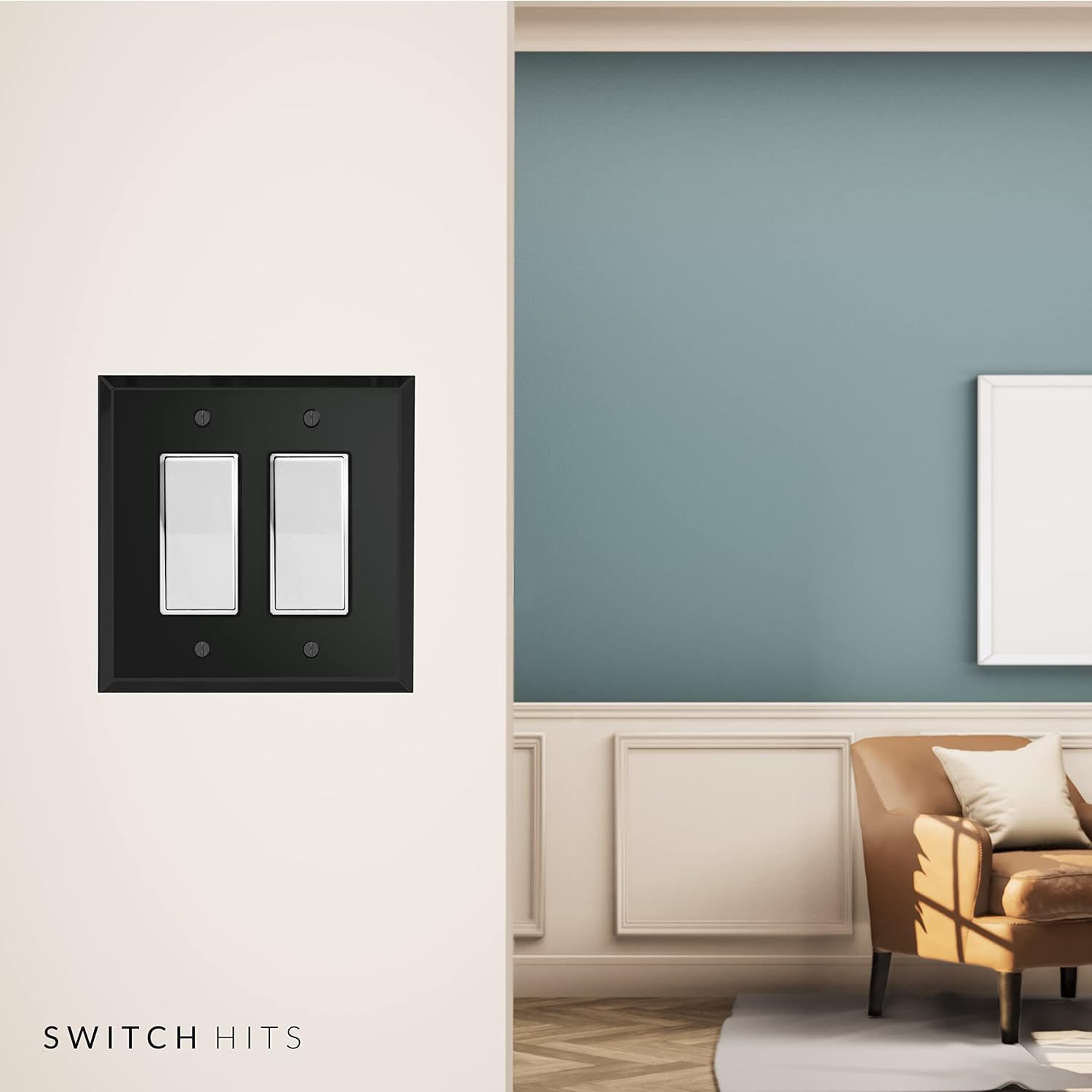 Black Glass Mirror Double Outlet Cover Plate with 2 GFI Rocker Switches - 5.25" x 5.25" - Professional Quality Glass Mirror Wall Plate Covers for All Configurations