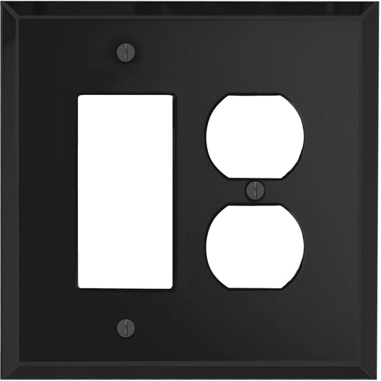 Black Glass Mirror Outlet Wall Plate | 1 GFI Rocker & 1 Duplex | 5.25" x 5.25" | High-Quality Glass Mirror Switch Plate Covers