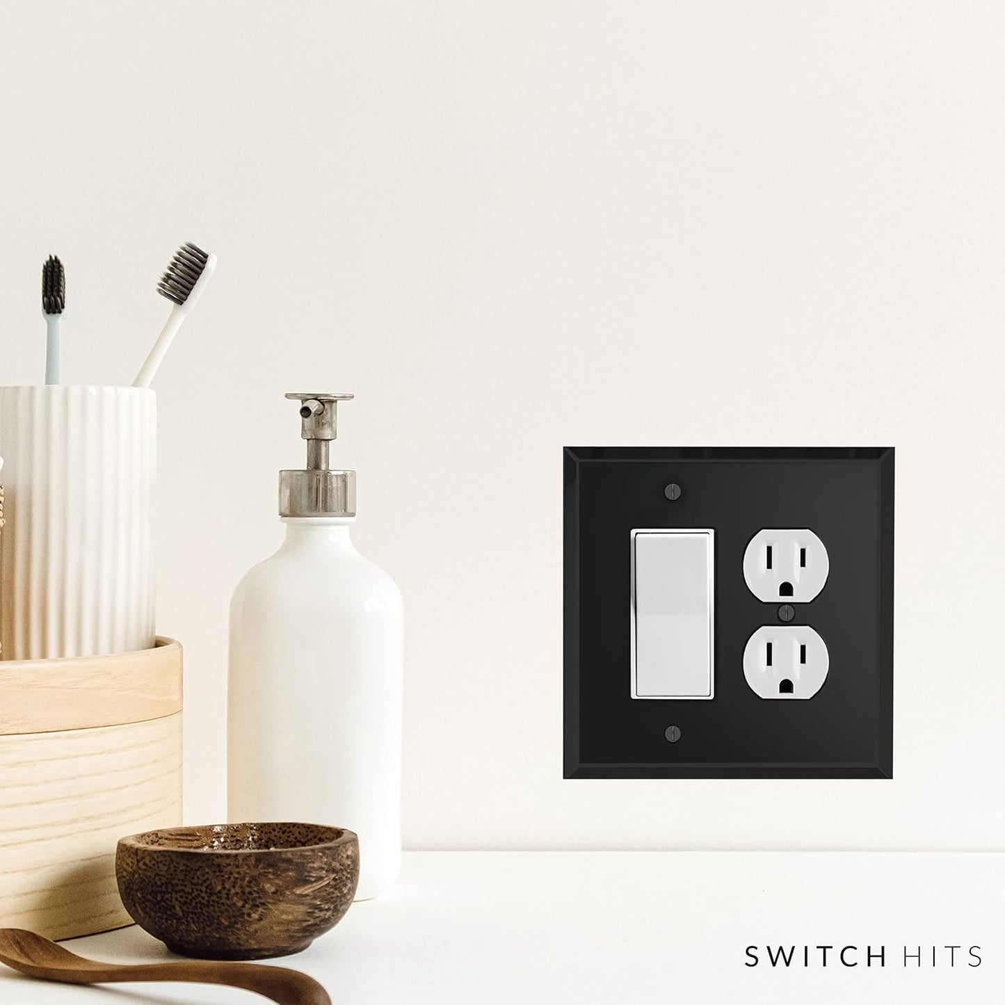 Black Glass Mirror Outlet Wall Plate | 1 GFI Rocker & 1 Duplex | 5.25" x 5.25" | High-Quality Glass Mirror Switch Plate Covers