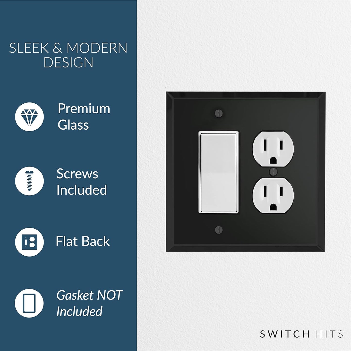 Black Glass Mirror Outlet Wall Plate | 1 GFI Rocker & 1 Duplex | 5.25" x 5.25" | High-Quality Glass Mirror Switch Plate Covers