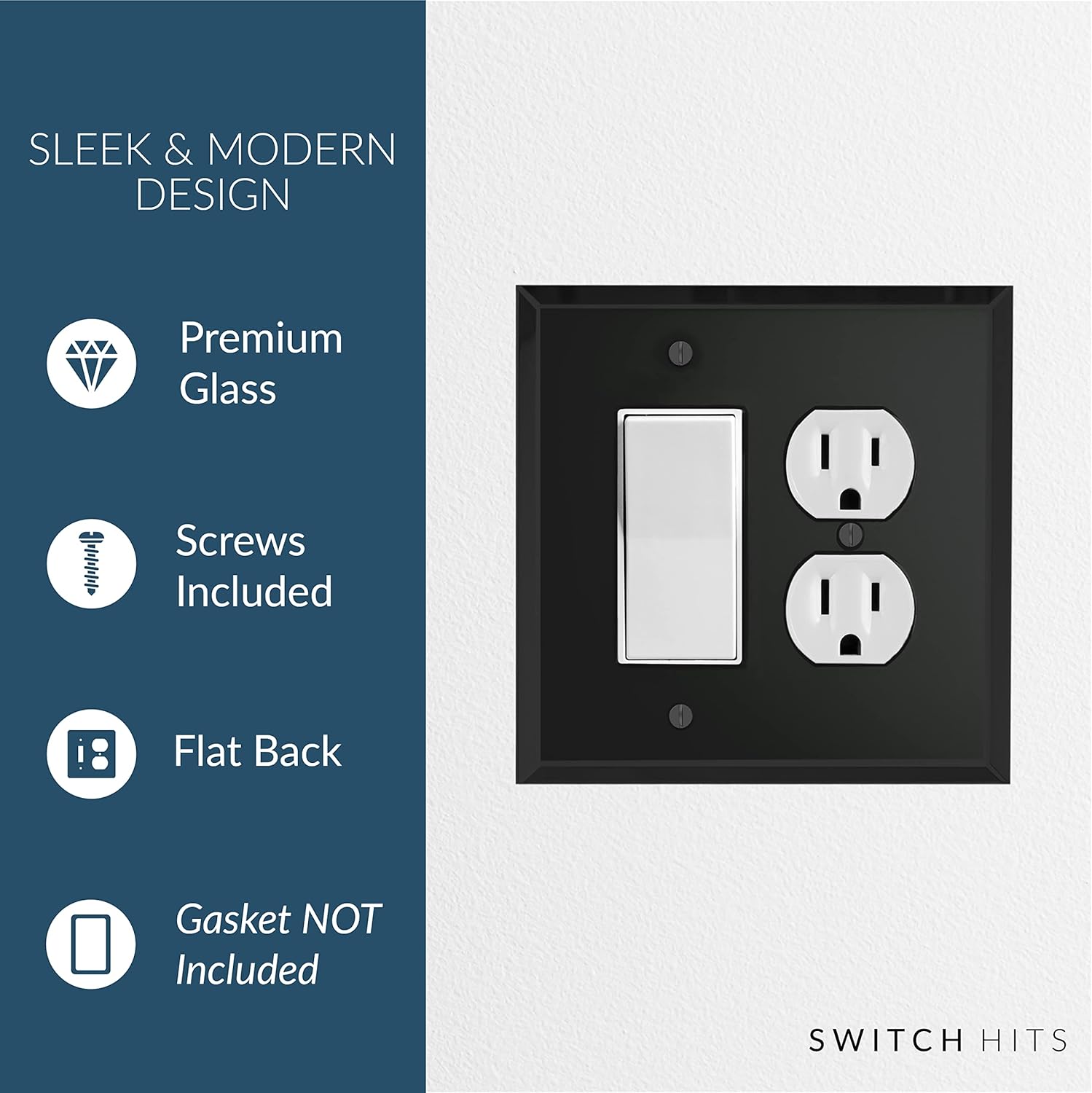 Black Glass Mirror Outlet Wall Plate | 1 GFI Rocker & 1 Duplex | 5.25" x 5.25" | High-Quality Glass Mirror Switch Plate Covers