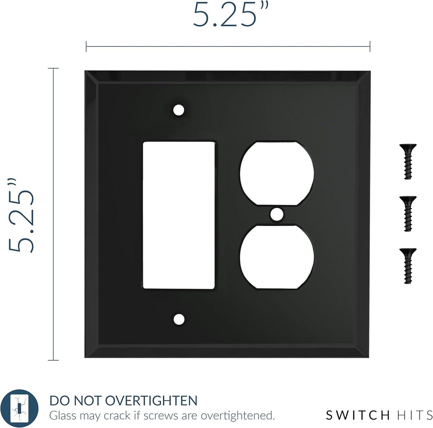 Black Glass Mirror Outlet Wall Plate | 1 GFI Rocker & 1 Duplex | 5.25" x 5.25" | High-Quality Glass Mirror Switch Plate Covers