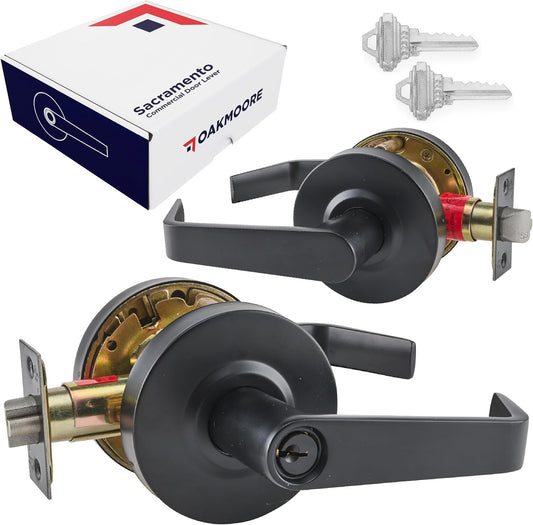 Black Grade 2 Lockset Door Handle for Schools, Offices, and Industrial Use - ANSI A156.2 Privacy Lever - UL CUL ADA Compliant