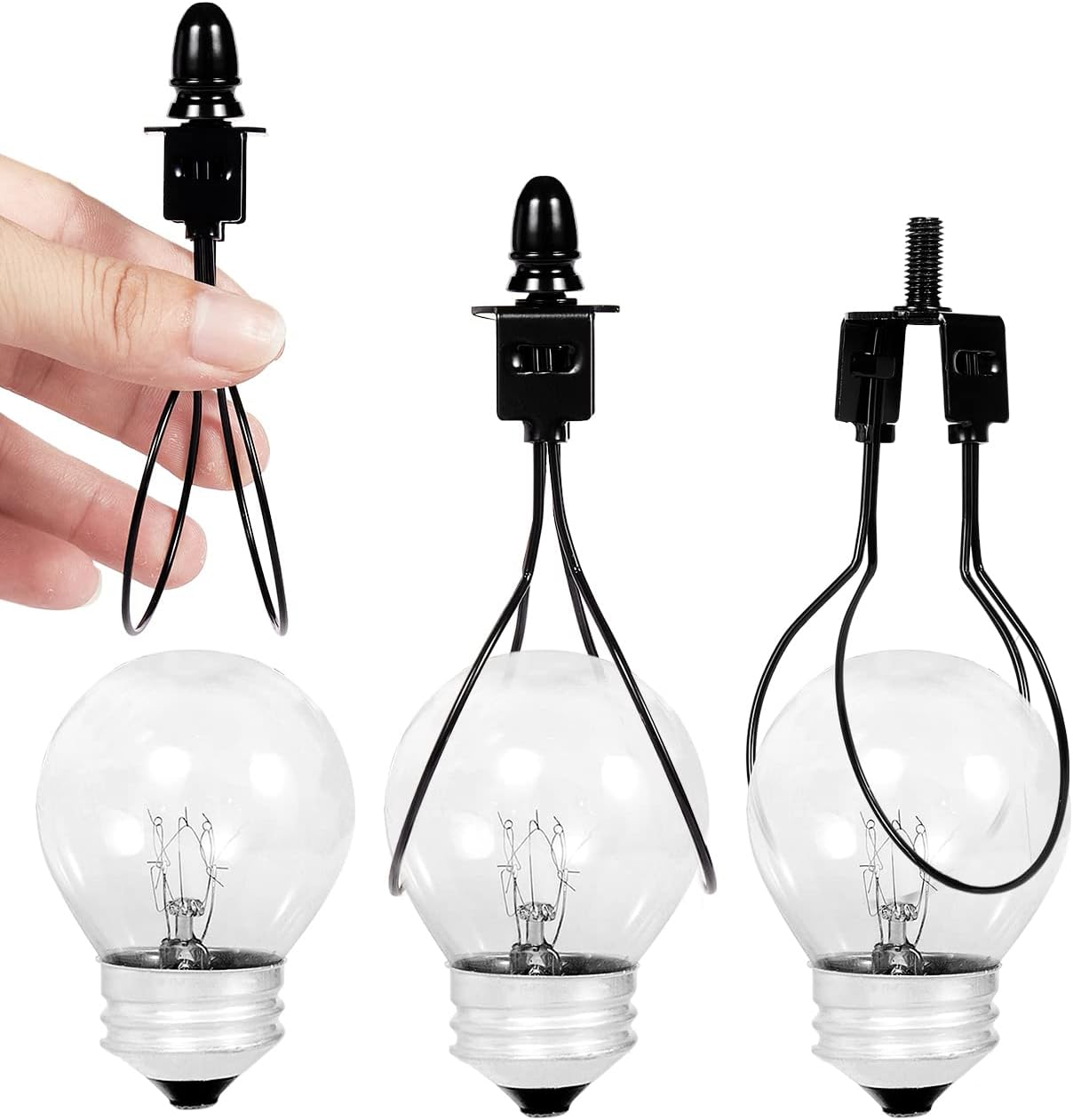 Black Lamp Shade Harp Holder Adapter Kit - Convert Clip-on Lampshades to Fit Light Bulbs, Includes Attaching Finials and Fitter Parts (1 Pack)