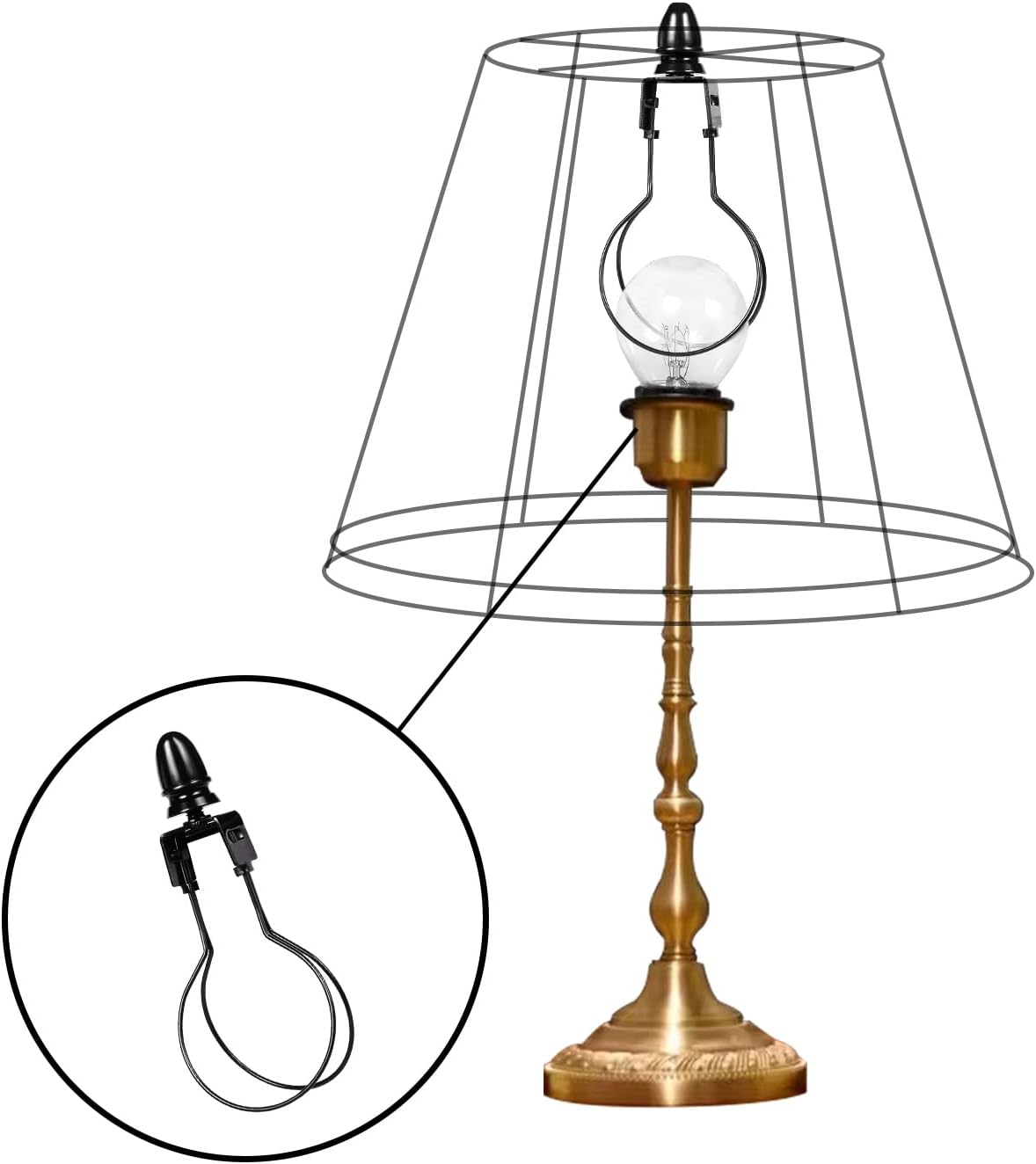 Black Lamp Shade Harp Holder Adapter Kit - Convert Clip-on Lampshades to Fit Light Bulbs, Includes Attaching Finials and Fitter Parts (1 Pack)
