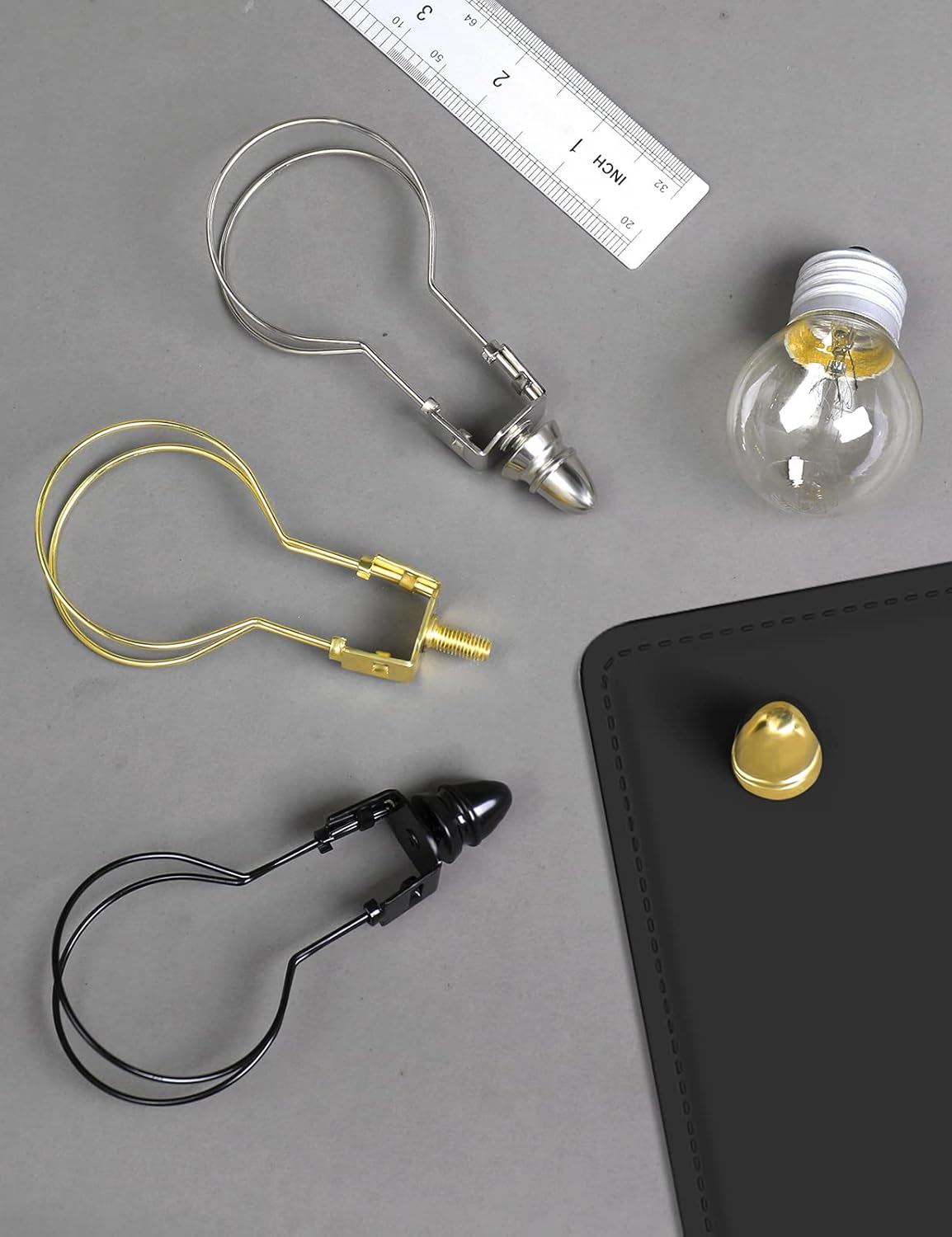 Black Lamp Shade Harp Holder Adapter Kit - Convert Clip-on Lampshades to Fit Light Bulbs, Includes Attaching Finials and Fitter Parts (1 Pack)