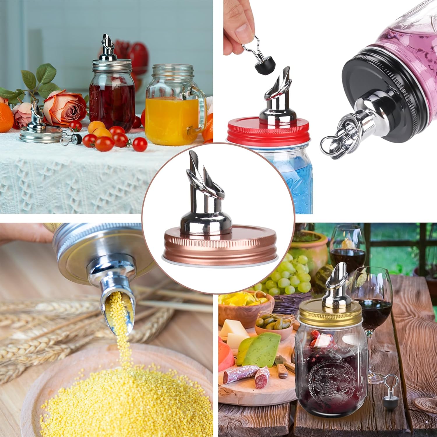 Black Mason Jar Pour Spouts - Set of 2, Wide Mouth 86mm Dispenser Covers for Free Flowing Liquids. Ideal for Germination Covers, Fits Any Mason Jar.