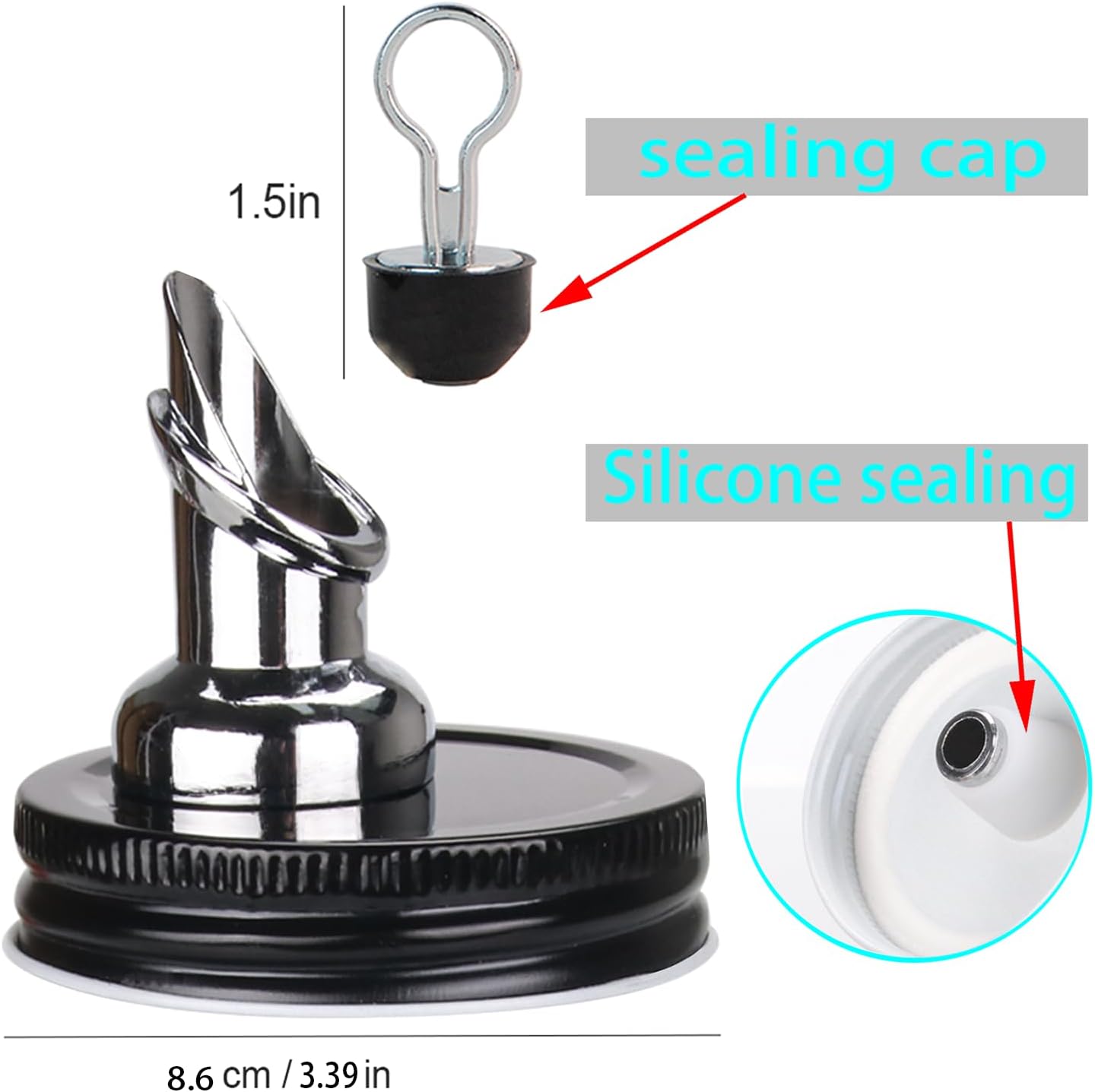 Black Mason Jar Pour Spouts - Set of 2, Wide Mouth 86mm Dispenser Covers for Free Flowing Liquids. Ideal for Germination Covers, Fits Any Mason Jar.