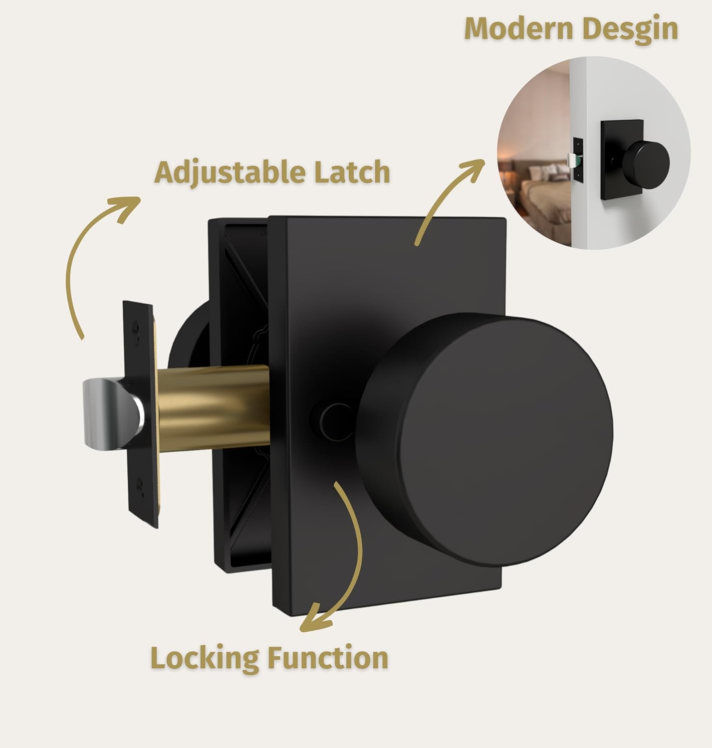 Black Matte Laura Privacy Door Knob for Hallway, Closet, Bathroom - Heavy Duty, Reversible Design - Fits Standard Doors - Screws Included