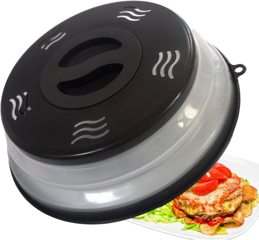 Black Microwave Splatter Cover with Vent, Splatter Guard, Colander Kitchen Gadget - BPA-Free Silicone & Plastic, Dishwasher-Safe