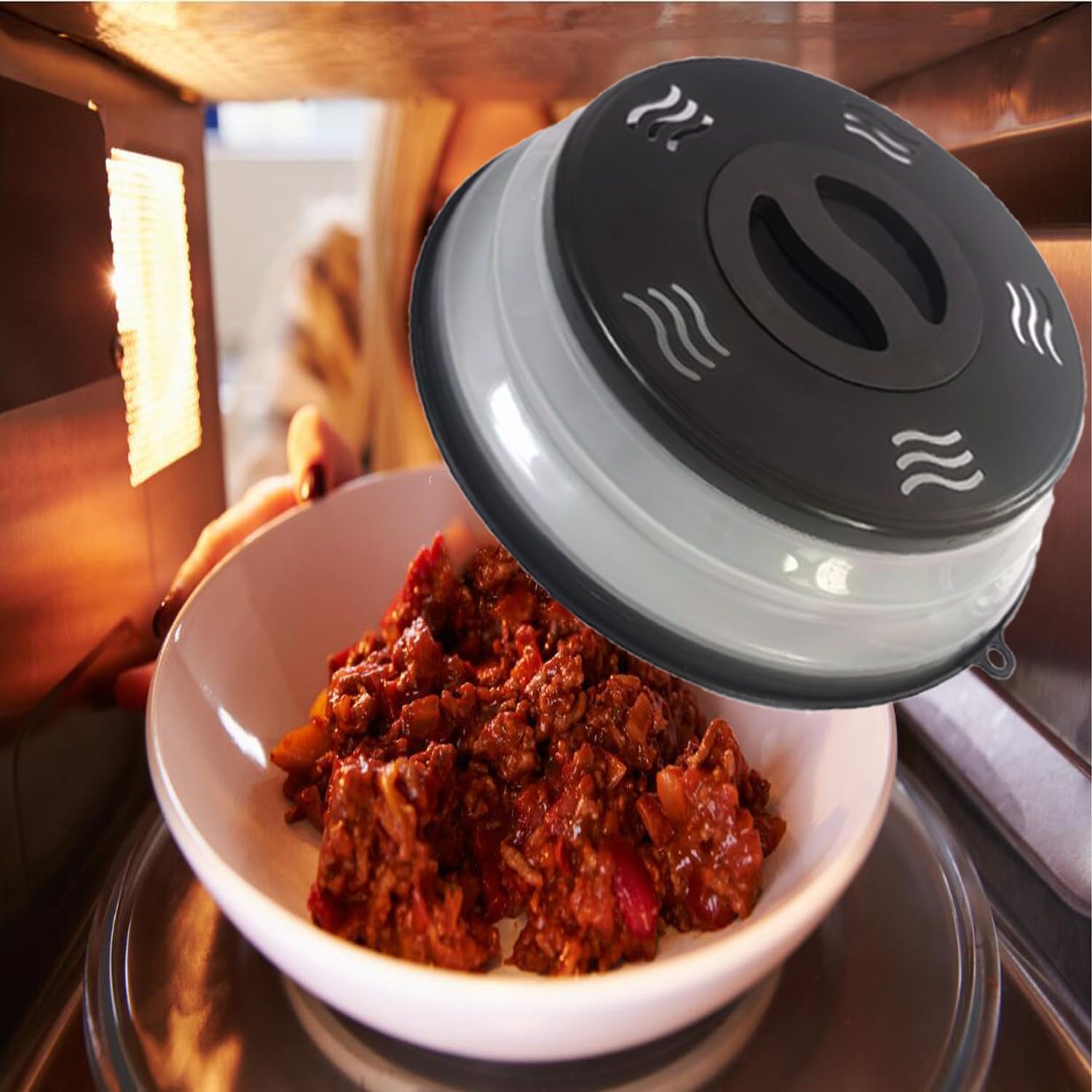 Black Microwave Splatter Cover with Vent, Splatter Guard, Colander Kitchen Gadget - BPA-Free Silicone & Plastic, Dishwasher-Safe