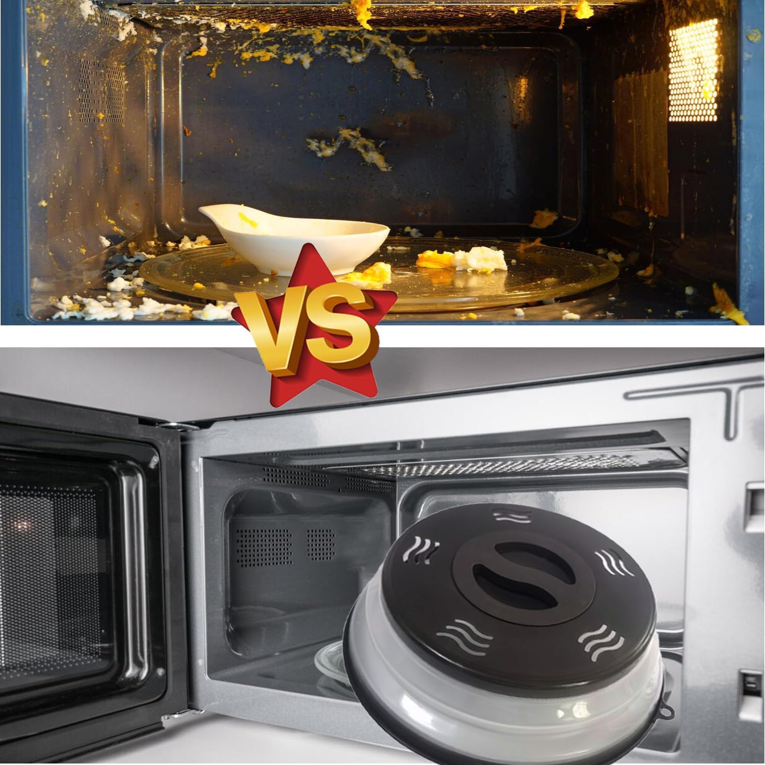 Black Microwave Splatter Cover with Vent, Splatter Guard, Colander Kitchen Gadget - BPA-Free Silicone & Plastic, Dishwasher-Safe