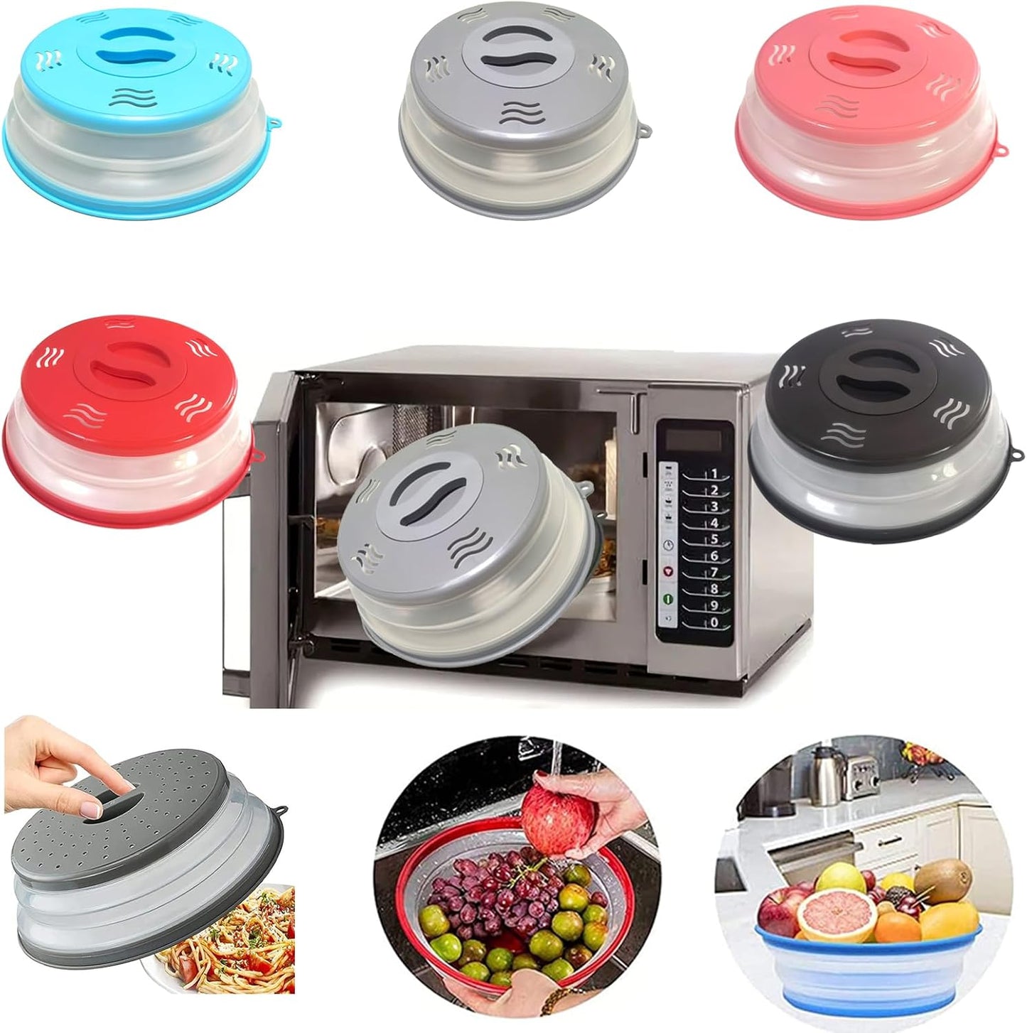 Black Microwave Splatter Cover with Vent, Splatter Guard, Colander Kitchen Gadget - BPA-Free Silicone & Plastic, Dishwasher-Safe