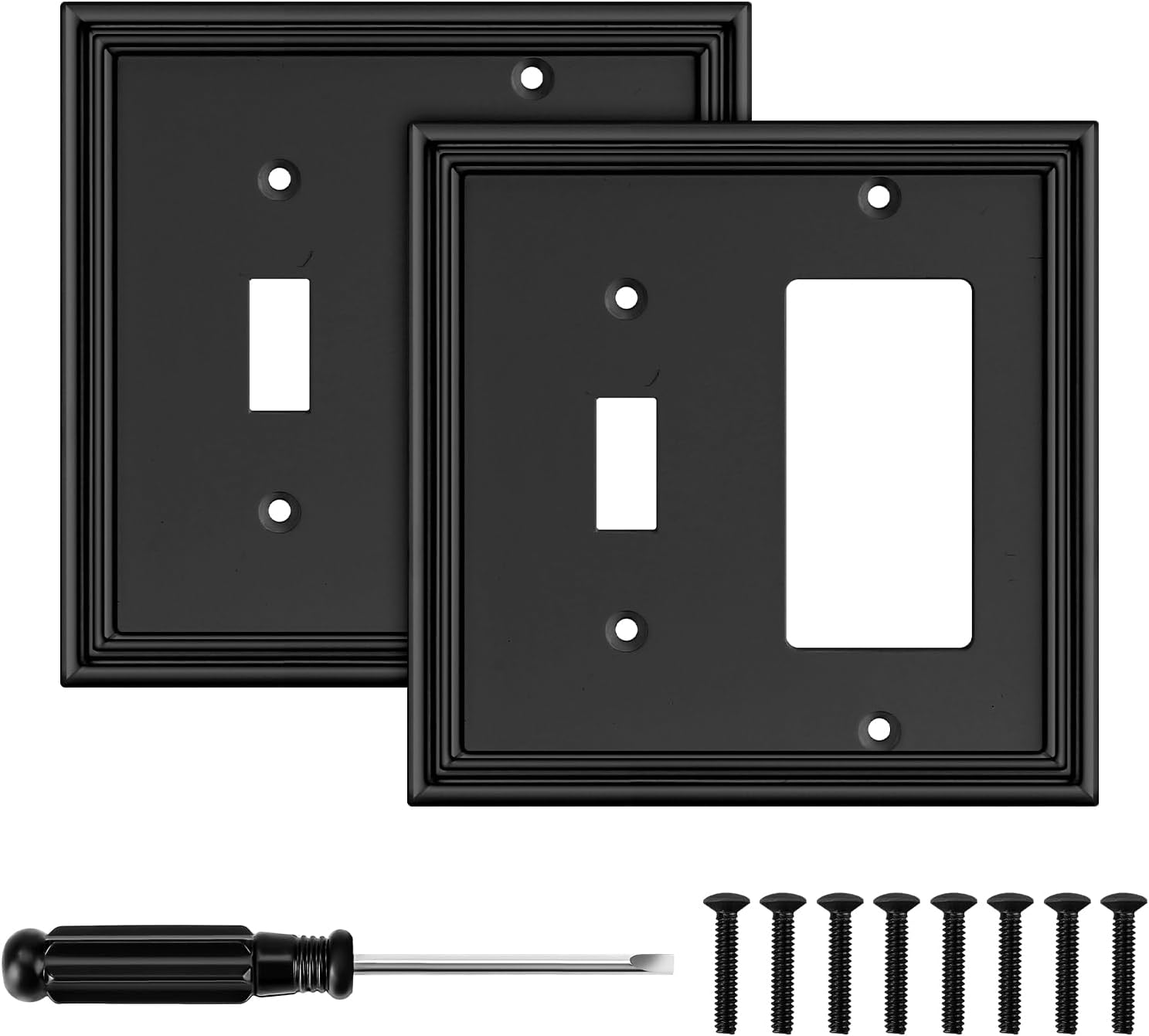 Black Modern Decorative Wall Plate Light Switch Cover Set - Bamboo Fiber Material - 2 Gang Toggle/Decorator - Ideal for Kitchen and Bathroom - Pack of 2