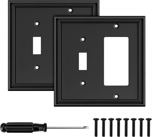 Black Modern Decorative Wall Plate Light Switch Cover Set - Bamboo Fiber Material - 2 Gang Toggle/Decorator - Ideal for Kitchen and Bathroom - Pack of 2