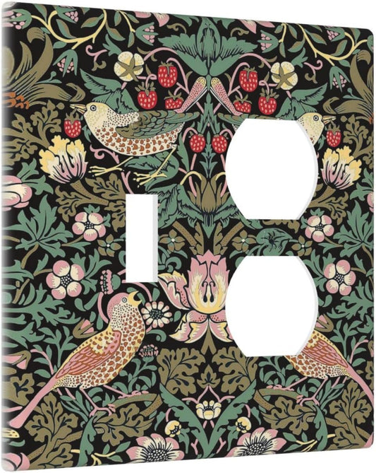 Black Olive Vintage Floral Strawberry Thief Botanical Wall Plate Cover for 2 Gang Switch - Single Toggle & Duplex Combo - Jumbo Dual Electrical GFCI Plate