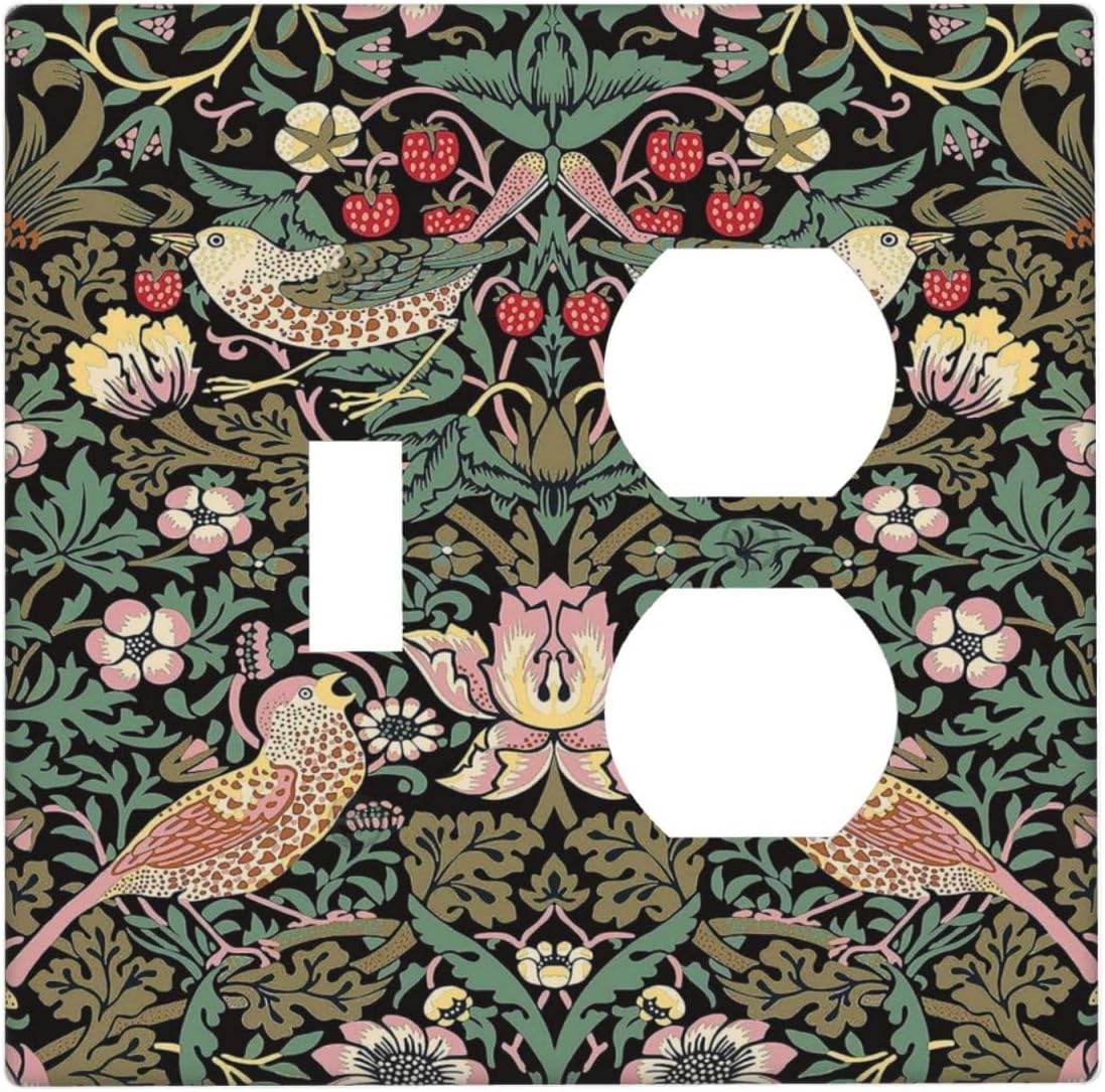 Black Olive Vintage Floral Strawberry Thief Botanical Wall Plate Cover for 2 Gang Switch - Single Toggle & Duplex Combo - Jumbo Dual Electrical GFCI Plate