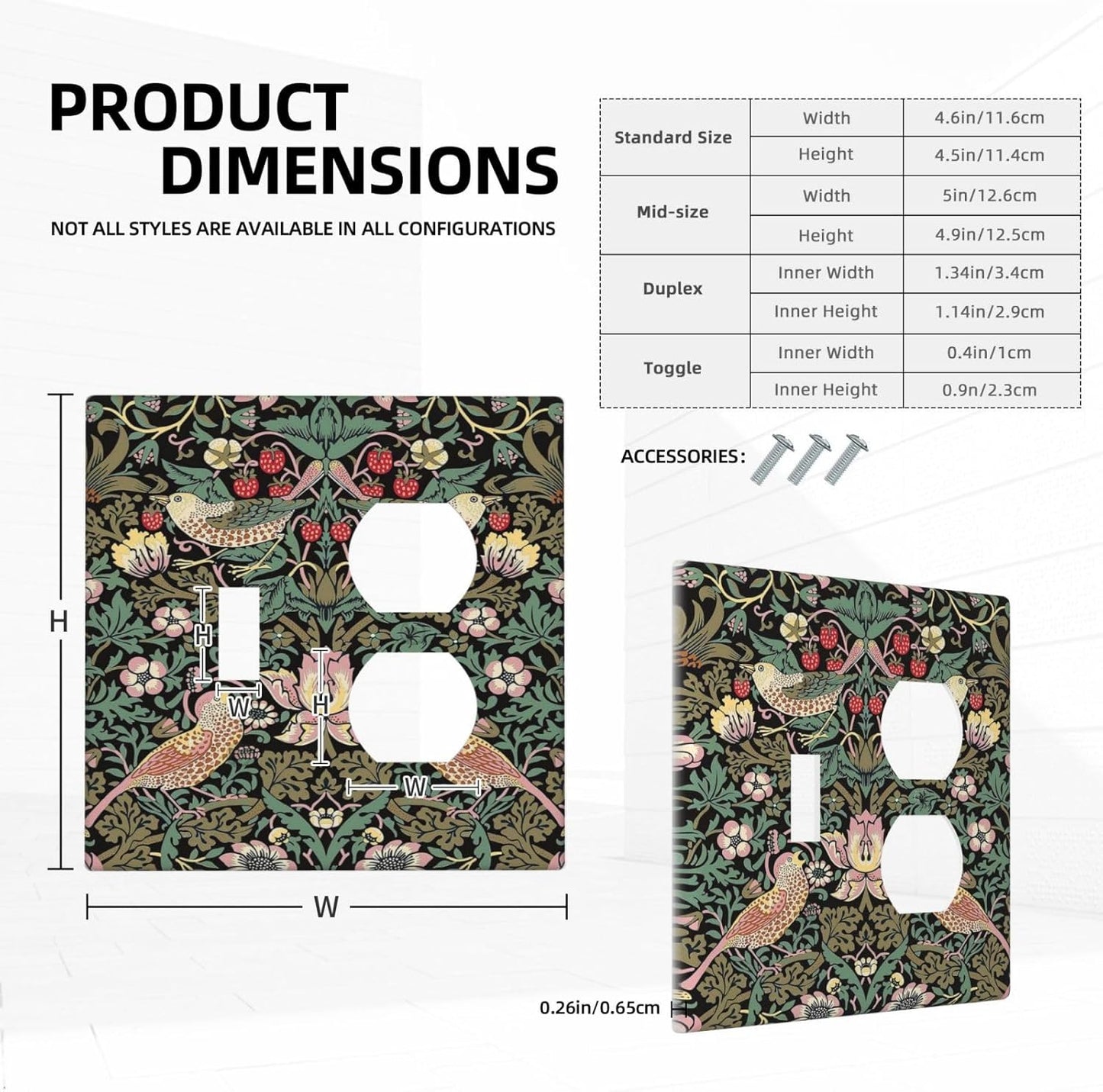 Black Olive Vintage Floral Strawberry Thief Botanical Wall Plate Cover for 2 Gang Switch - Single Toggle & Duplex Combo - Jumbo Dual Electrical GFCI Plate